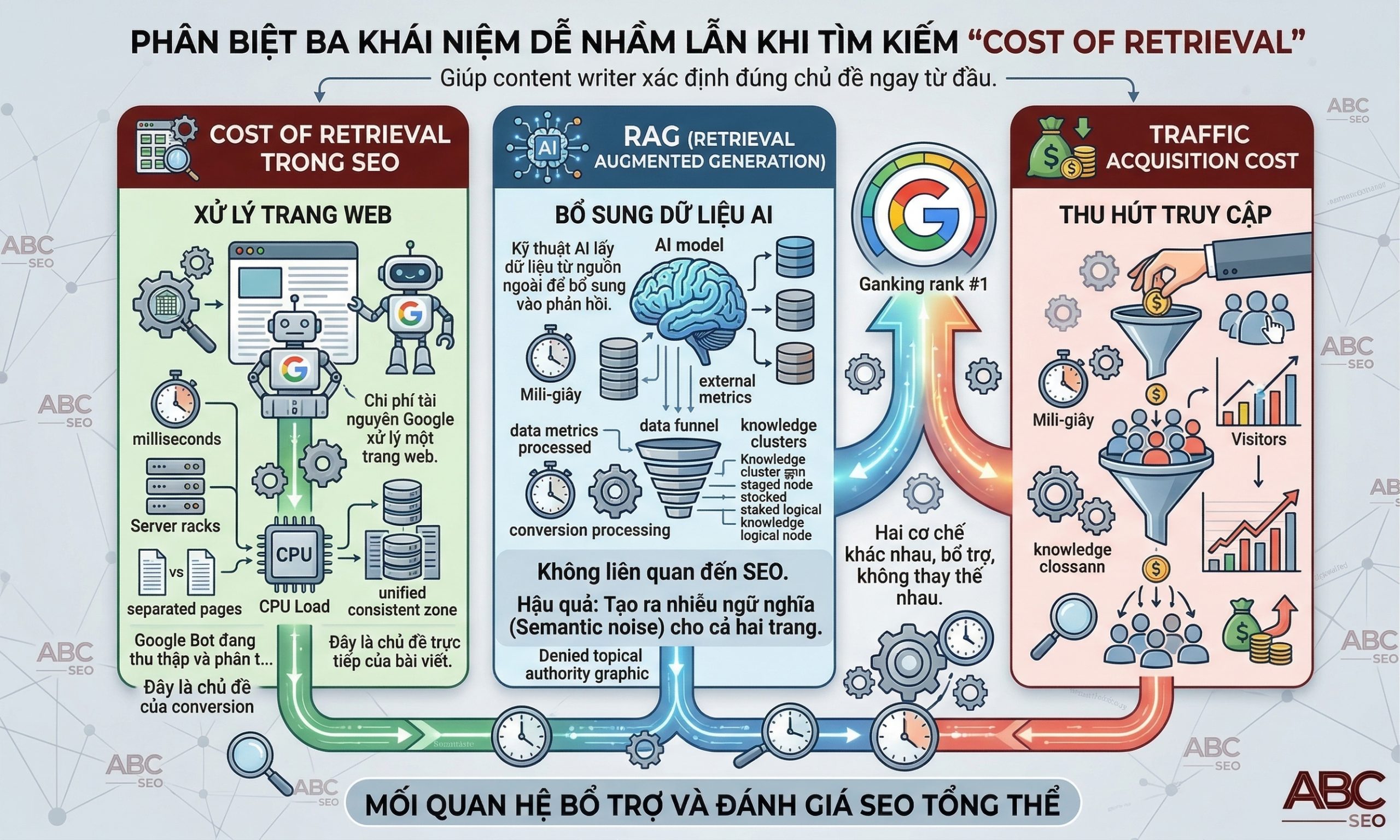 phân biệt Cost of Retrieval trong SEO, RAG trong kỹ thuật AI và Traffic Acquisition Cost trong marketing