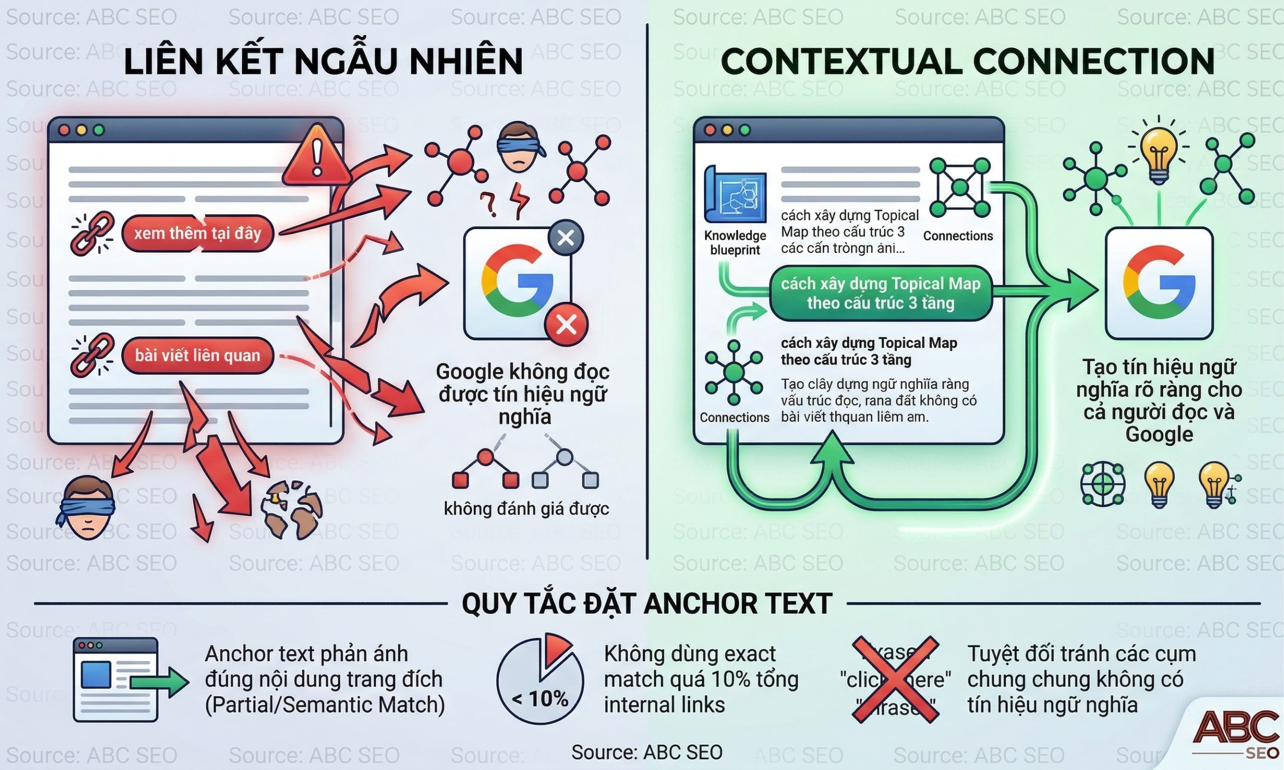 so sánh internal link ngẫu nhiên không có tín hiệu ngữ nghĩa và Contextual Connection có anchor text mô tả đúng nội dung trang đích