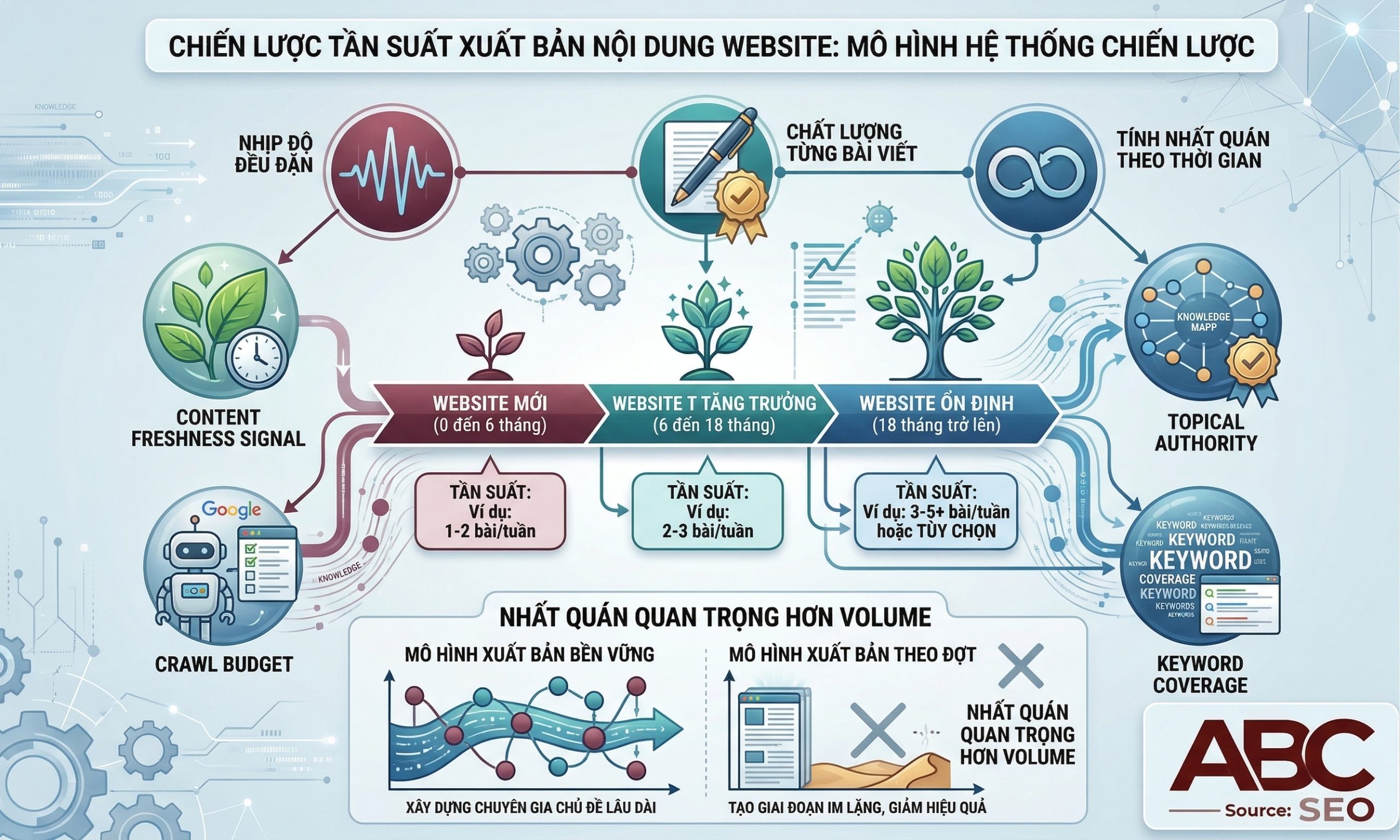 Infographic tần suất xuất bản nội dung website theo giai đoạn phát triển và loại nội dung trong chiến lược SEO