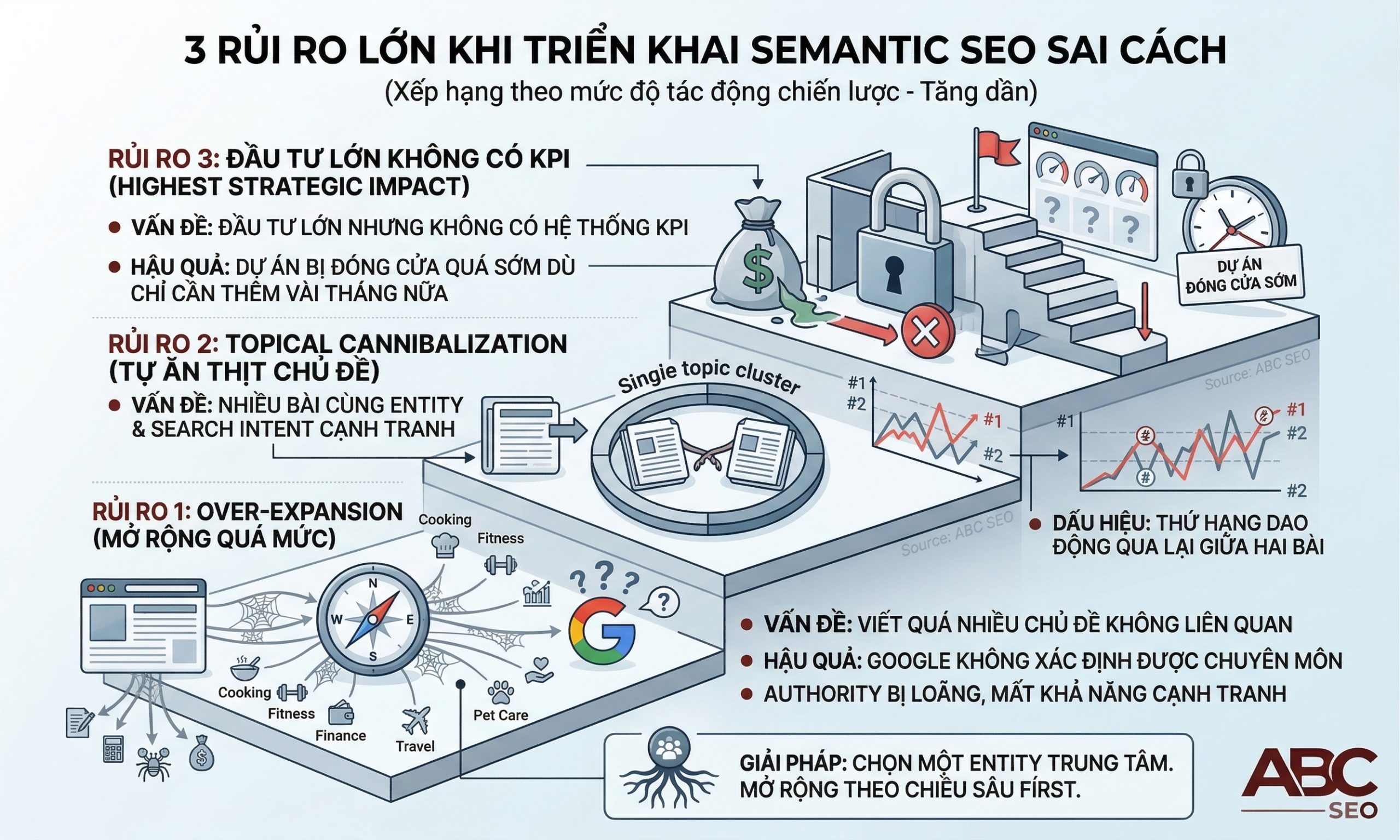ba rủi ro thực tế khi áp dụng Semantic SEO sai cách gồm Over-expansion, Topical Cannibalization và thiếu hệ thống đo lường KPI