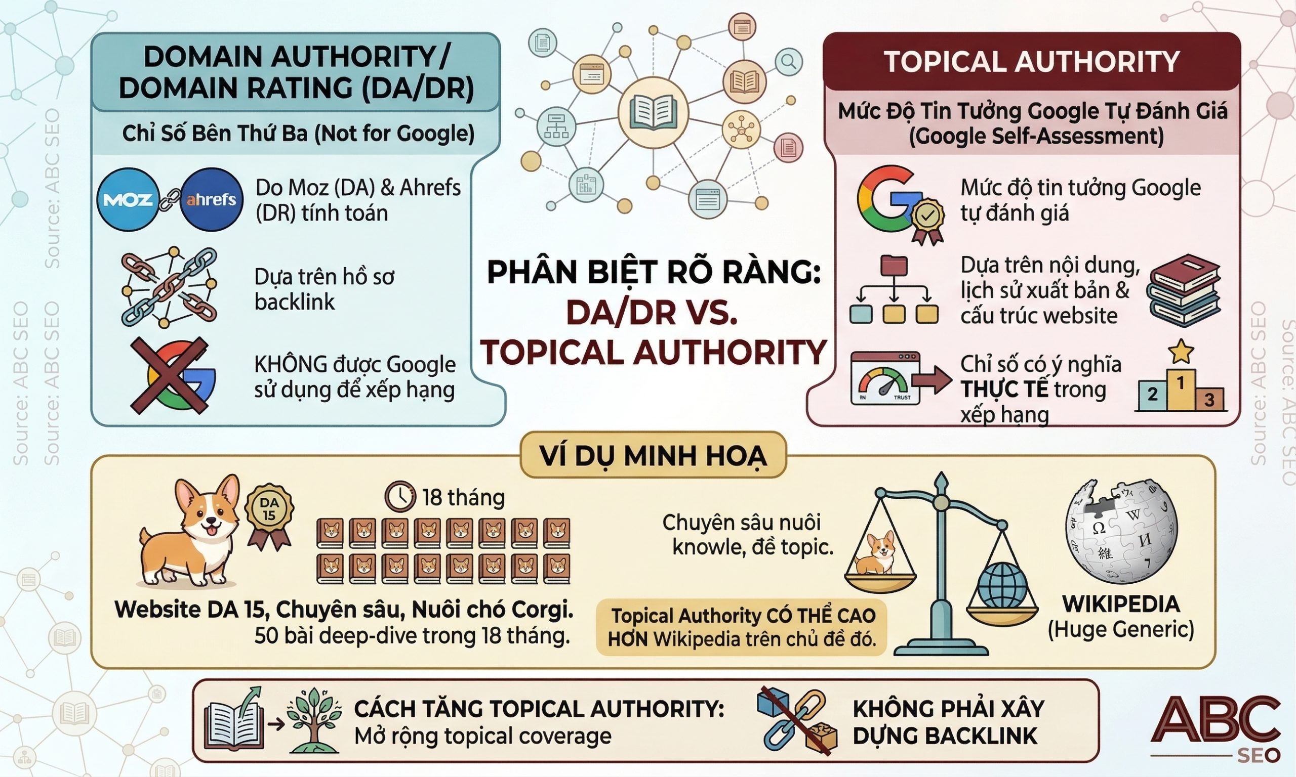 so sánh Domain Authority do công cụ bên thứ ba tính và Topical Authority do Google tự đánh giá trong Semantic SEO