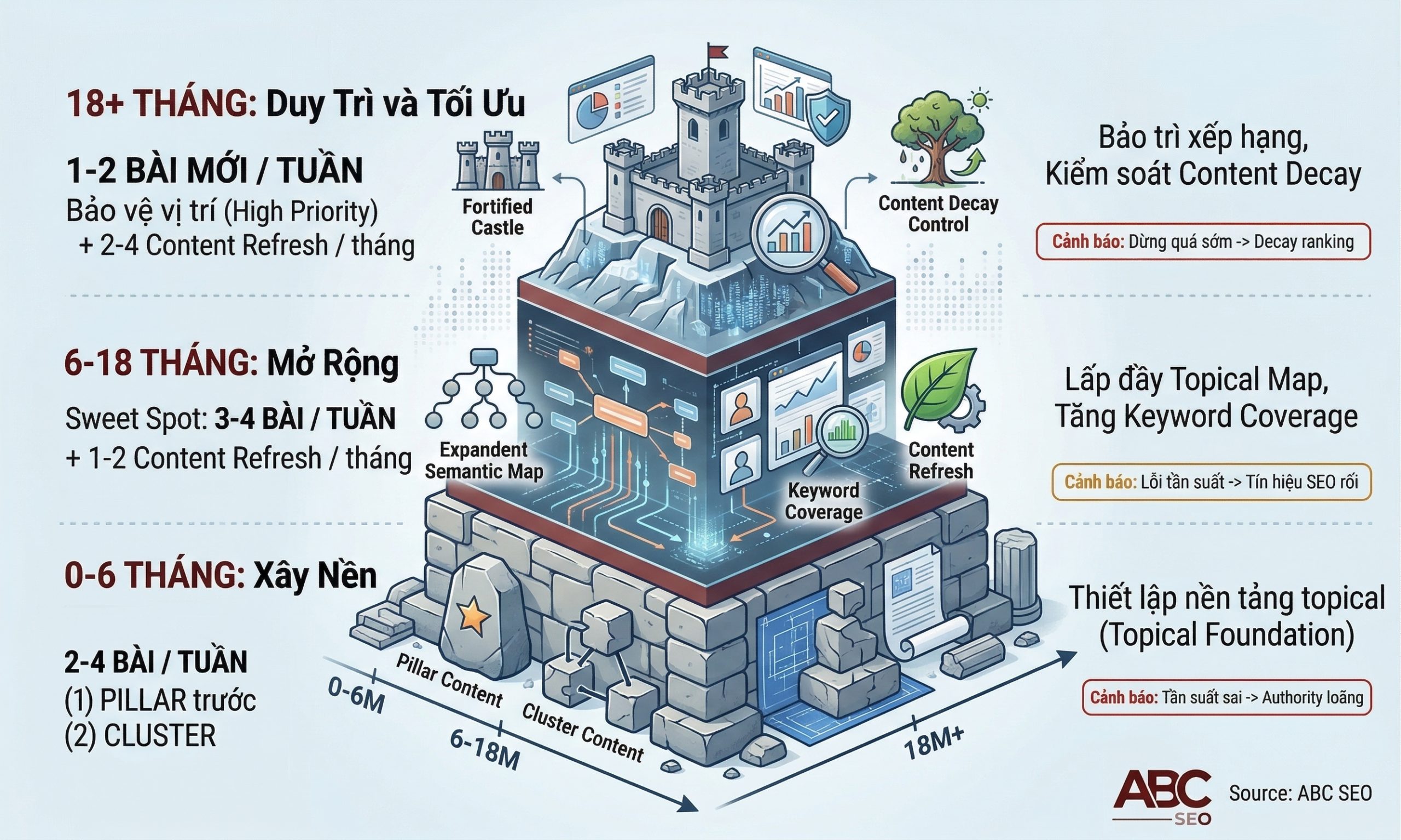 Tần Suất Xuất Bản Nội Dung Website: Bao Nhiêu Là Đủ Để SEO Hiệu Quả? 4 Infographic ba giai đoạn phát triển website và tần suất xuất bản nội dung phù hợp theo từng giai đoạn SEO