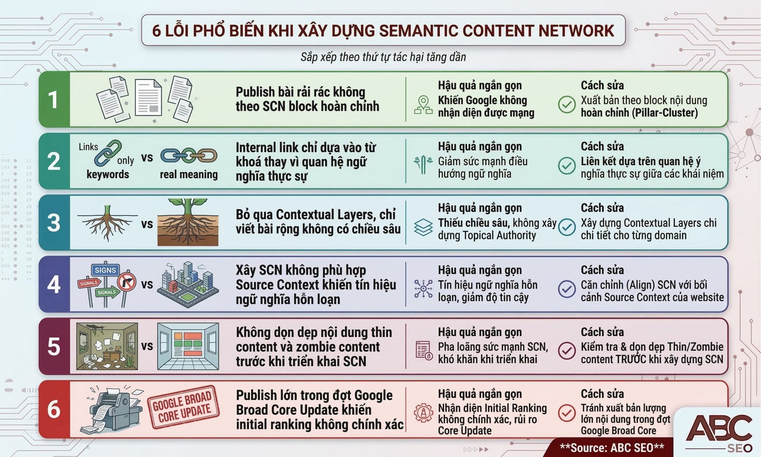 Infographic 6 lỗi phổ biến khi xây dựng SCN sắp xếp theo mức độ tác hại tăng dần: publish rải rác, internal link sai, bỏ qua layers, sai Source Context, không audit content, publish trong core update