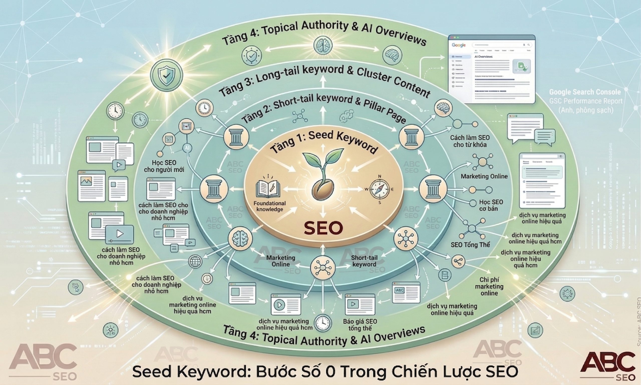 Infographic minh hoạ seed keyword là điểm khởi đầu của quy trình keyword research và xây dựng chiến lược nội dung SEO