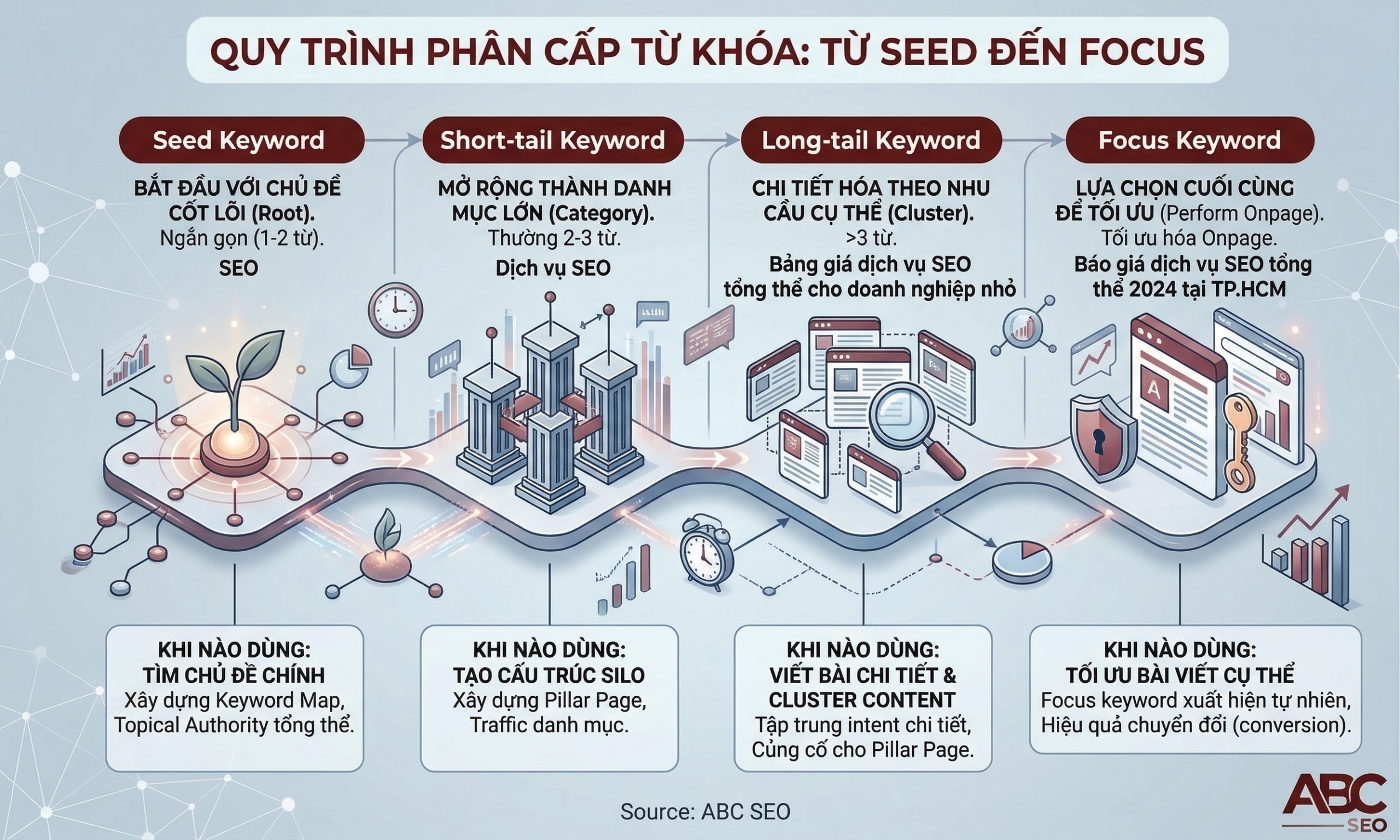 Dòng chảy tuyến tính từ Seed Keyword đến Focus Keyword trong quy trình keyword research SEO — ABC SEO