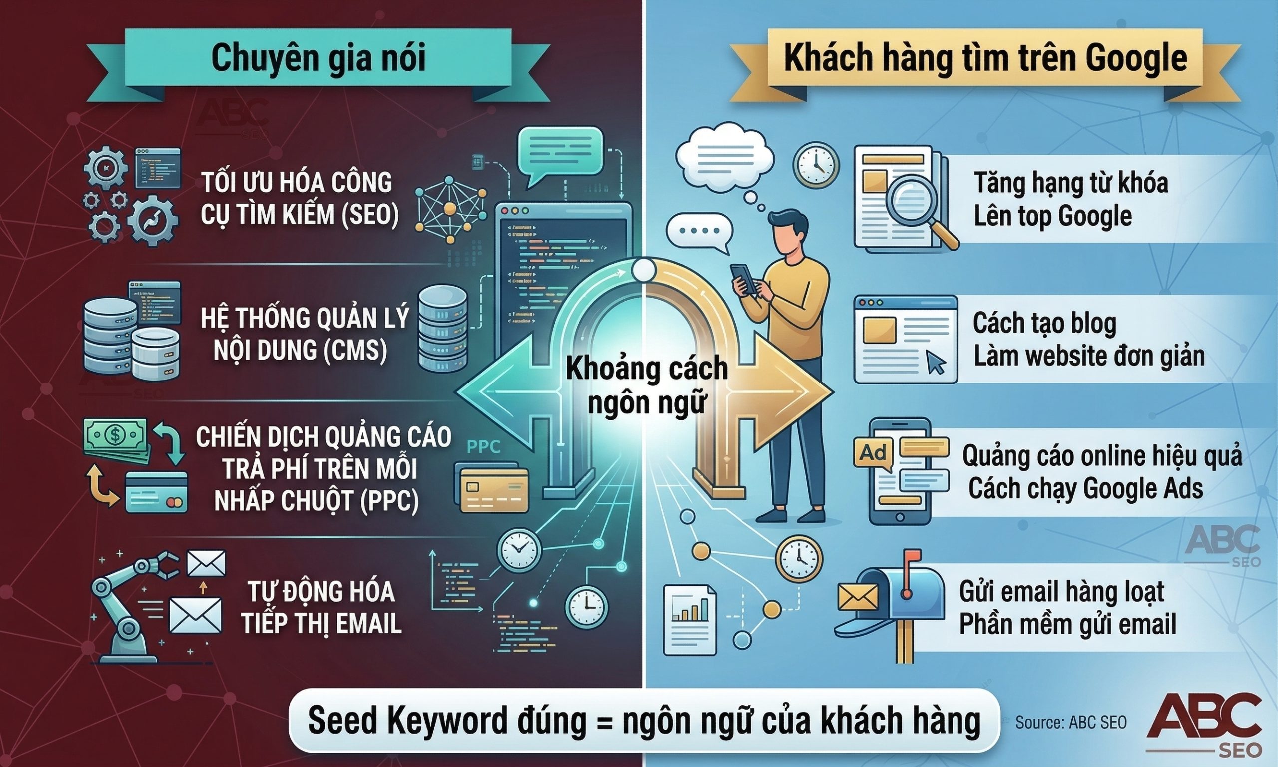Hình ảnh so sánh ngôn ngữ chuyên gia và ngôn ngữ khách hàng khi tìm kiếm trên Google để minh hoạ cách chọn seed keyword đúng