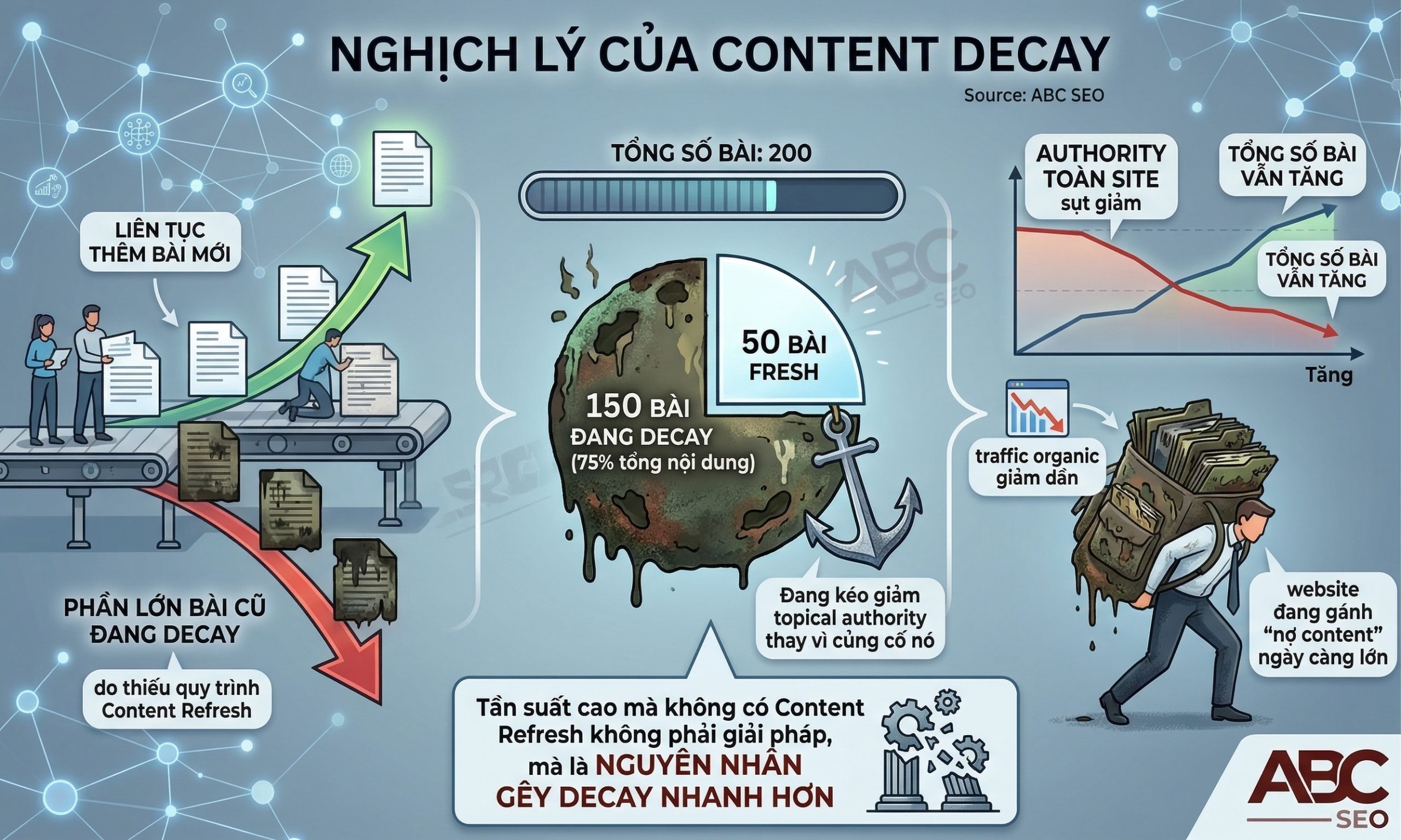 Tần Suất Xuất Bản Nội Dung Website: Bao Nhiêu Là Đủ Để SEO Hiệu Quả? 6 Minh hoạ content decay: website tích luỹ nợ content khi tần suất xuất bản cao nhưng thiếu quy trình Content Refresh định kỳ