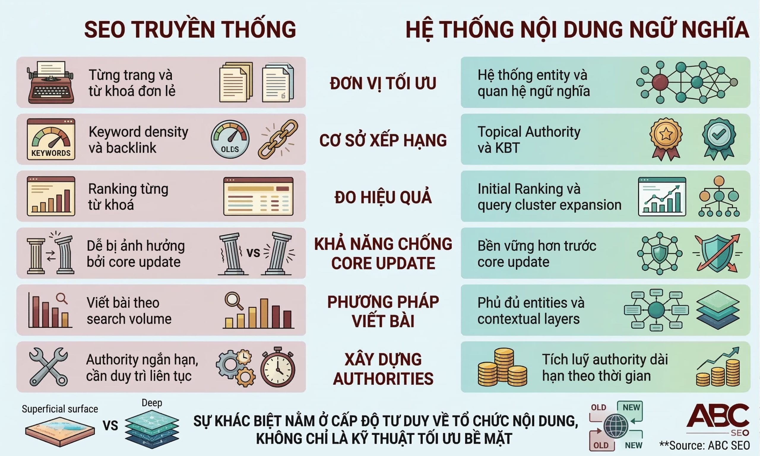 Sơ đồ so sánh SEO truyền thống và Semantic Content Network theo 6 tiêu chí: đơn vị tối ưu, cơ sở xếp hạng, cách đo hiệu quả, phản ứng trước update, chiều sâu nội dung, và thời gian xây dựng authority