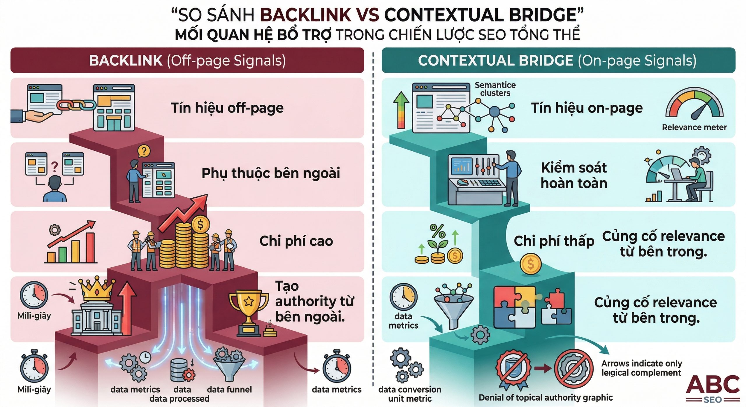 o sánh Backlink và Contextual Bridge theo năm tiêu chí SEO chiến lược: tín hiệu off-page và on-page, mức kiểm soát, chi phí triển khai, tốc độ tác động và vai trò bổ trợ lẫn nhau