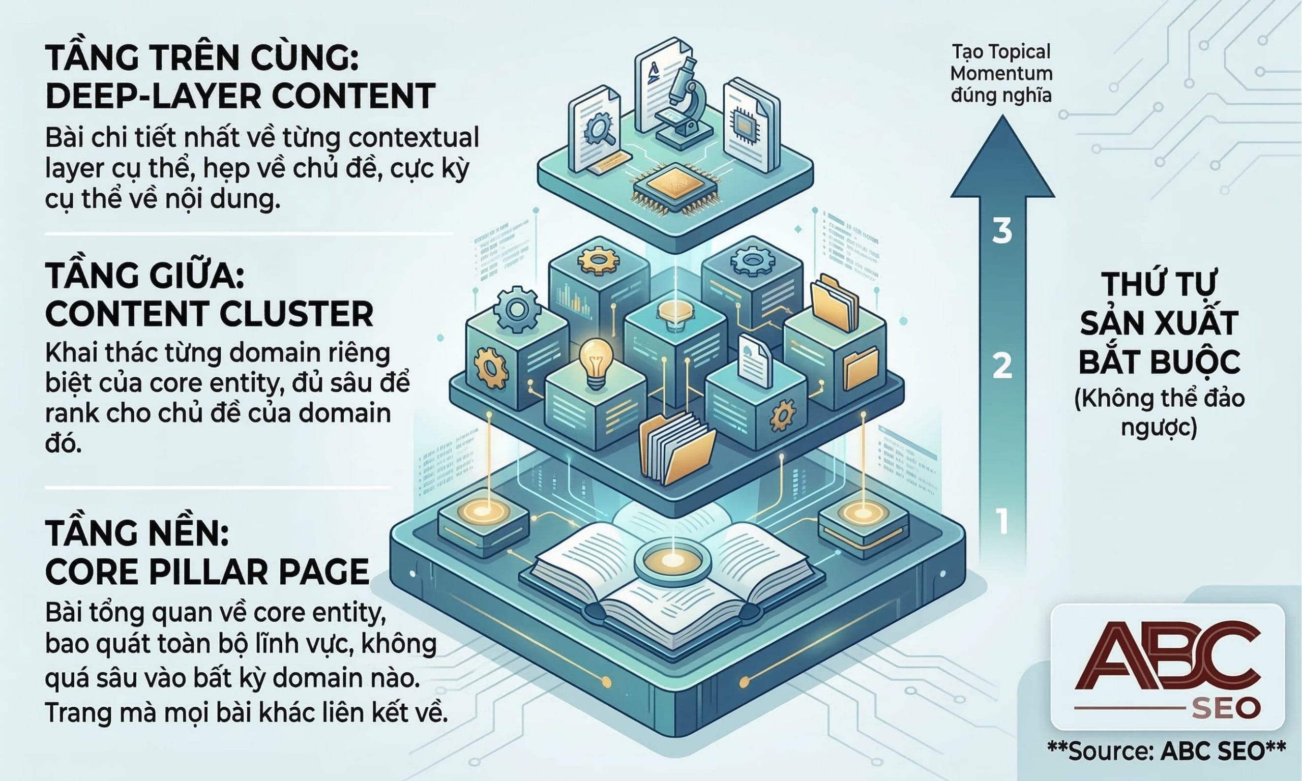 Sơ đồ thứ tự bắt buộc sản xuất nội dung trong Semantic Content Network: Core Pillar Page ở tầng nền, Content Cluster ở tầng giữa, và Deep-layer Content ở tầng chi tiết nhất