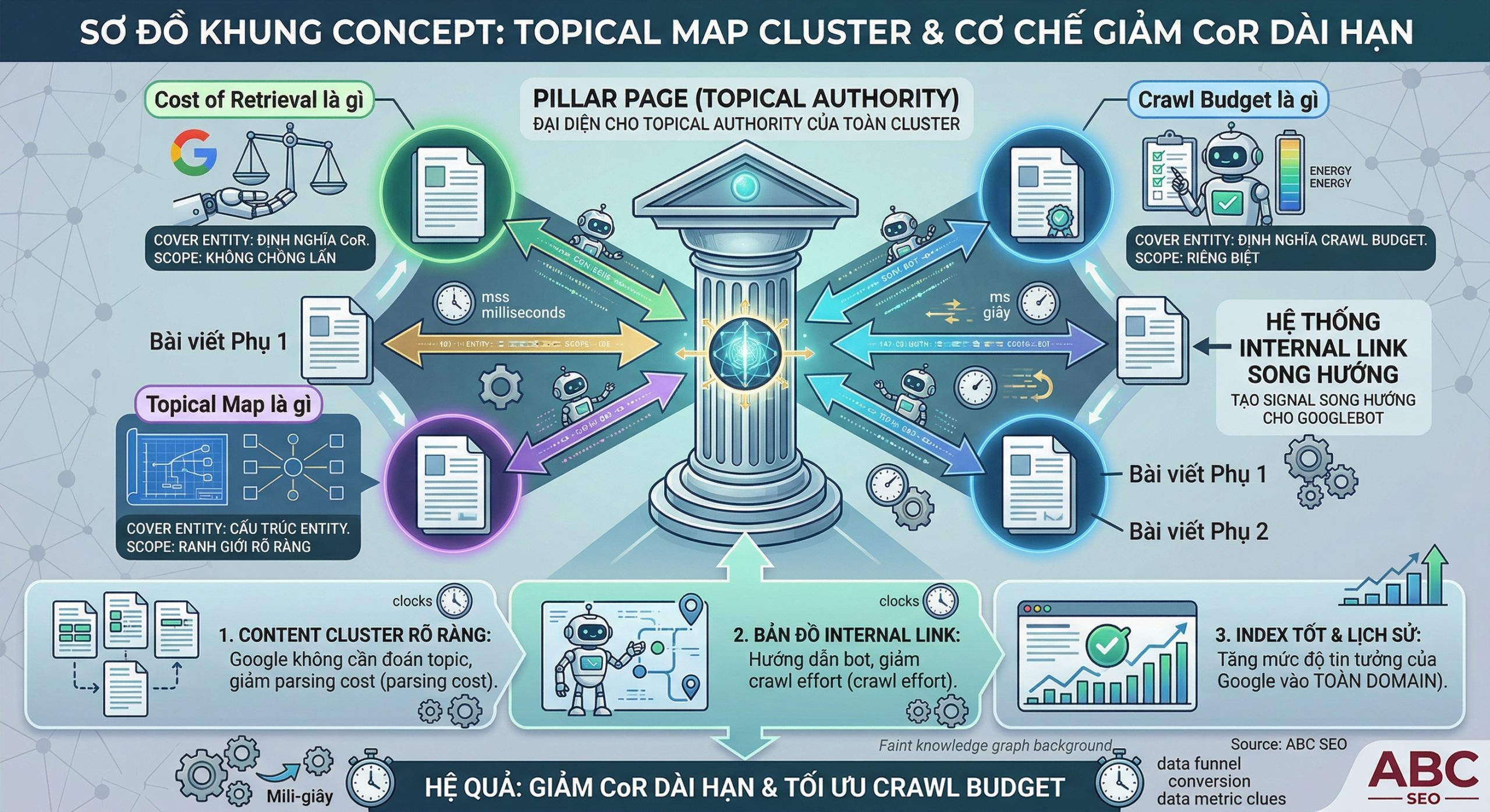 Topical Map trong Semantic SEO: pillar page kết nối cluster articles theo entity riêng biệt, internal link có hệ thống dẫn đường cho Googlebot và giảm Cost of Retrieval toàn site