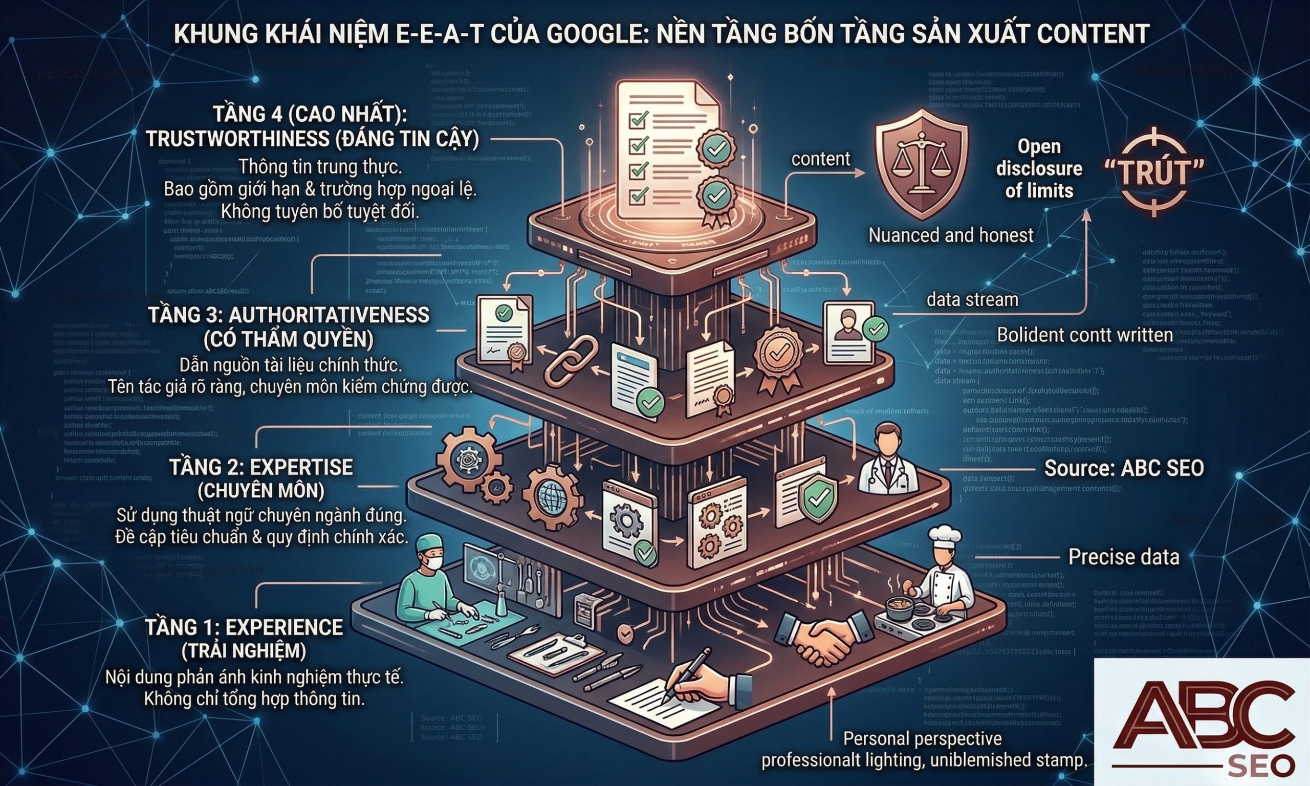 framework E-E-A-T Google: Experience Expertise Authoritativeness Trustworthiness trong viết content SEO