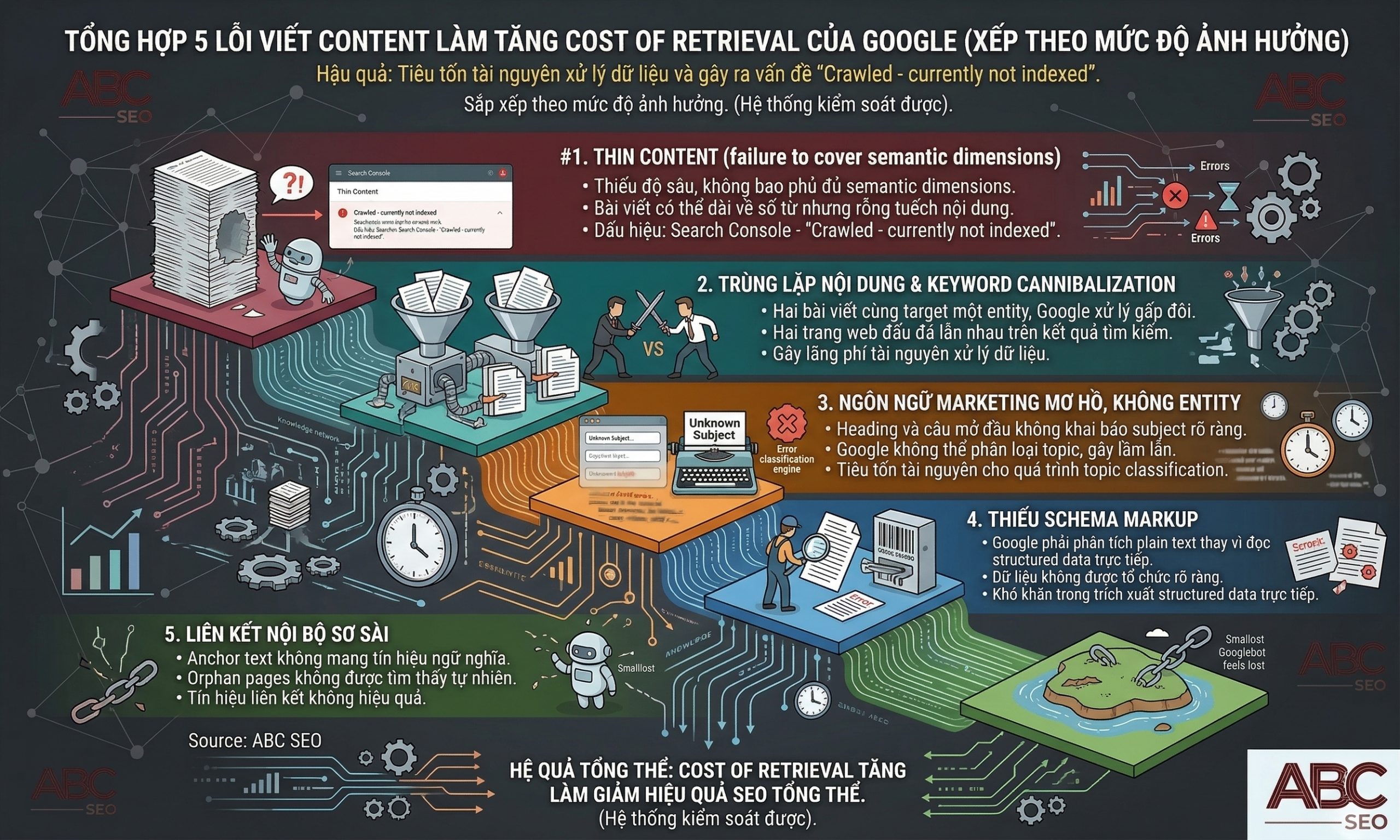 năm lỗi content làm tăng Cost of Retrieval trong SEO: thin content thiếu semantic coverage, duplicate content, ngôn ngữ marketing mơ hồ, thiếu Schema Markup và orphan pages
