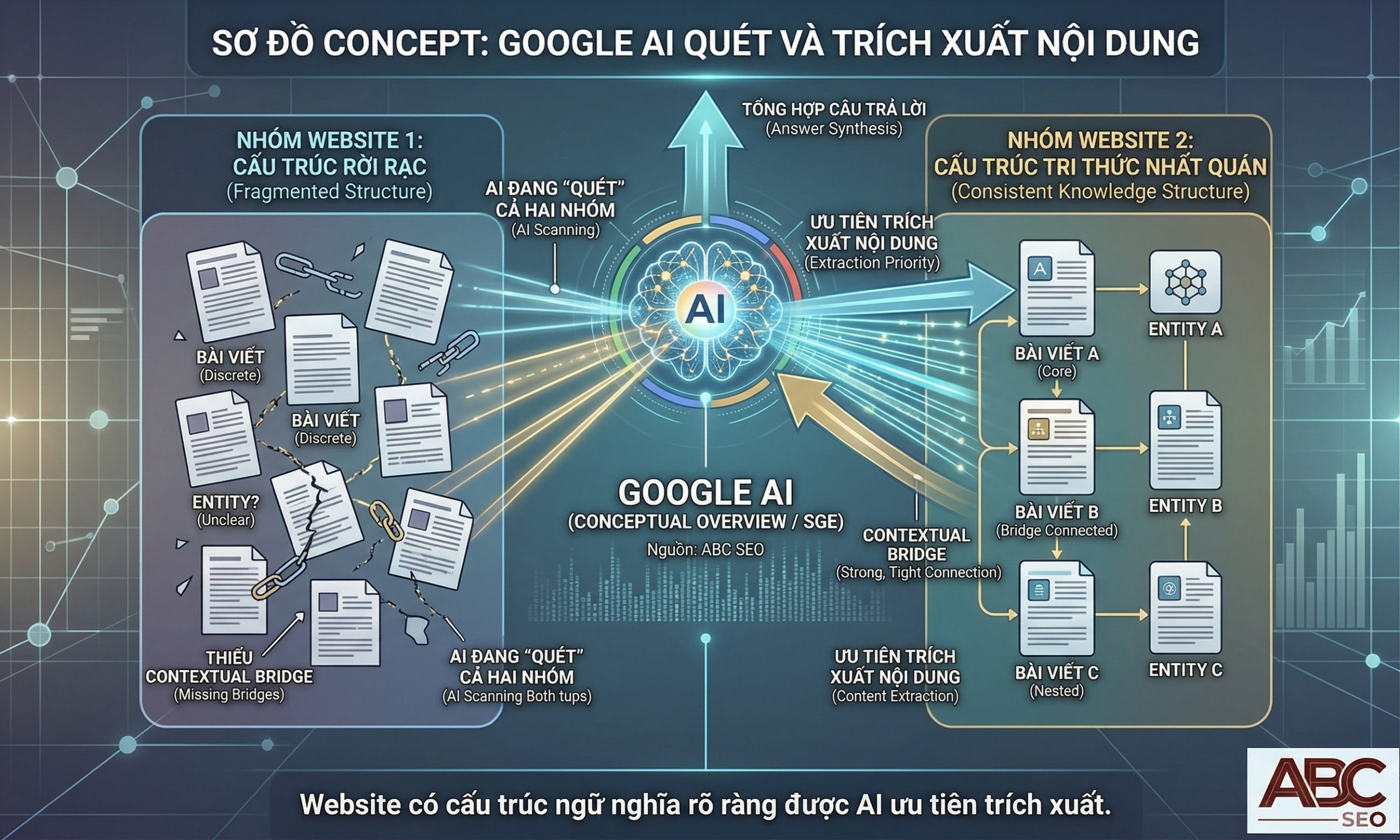 cơ chế AI Overview và Google SGE ưu tiên website có cấu trúc tri thức nhất quán từ Contextual Bridge khi tổng hợp câu trả lời cho người dùng tìm kiếm