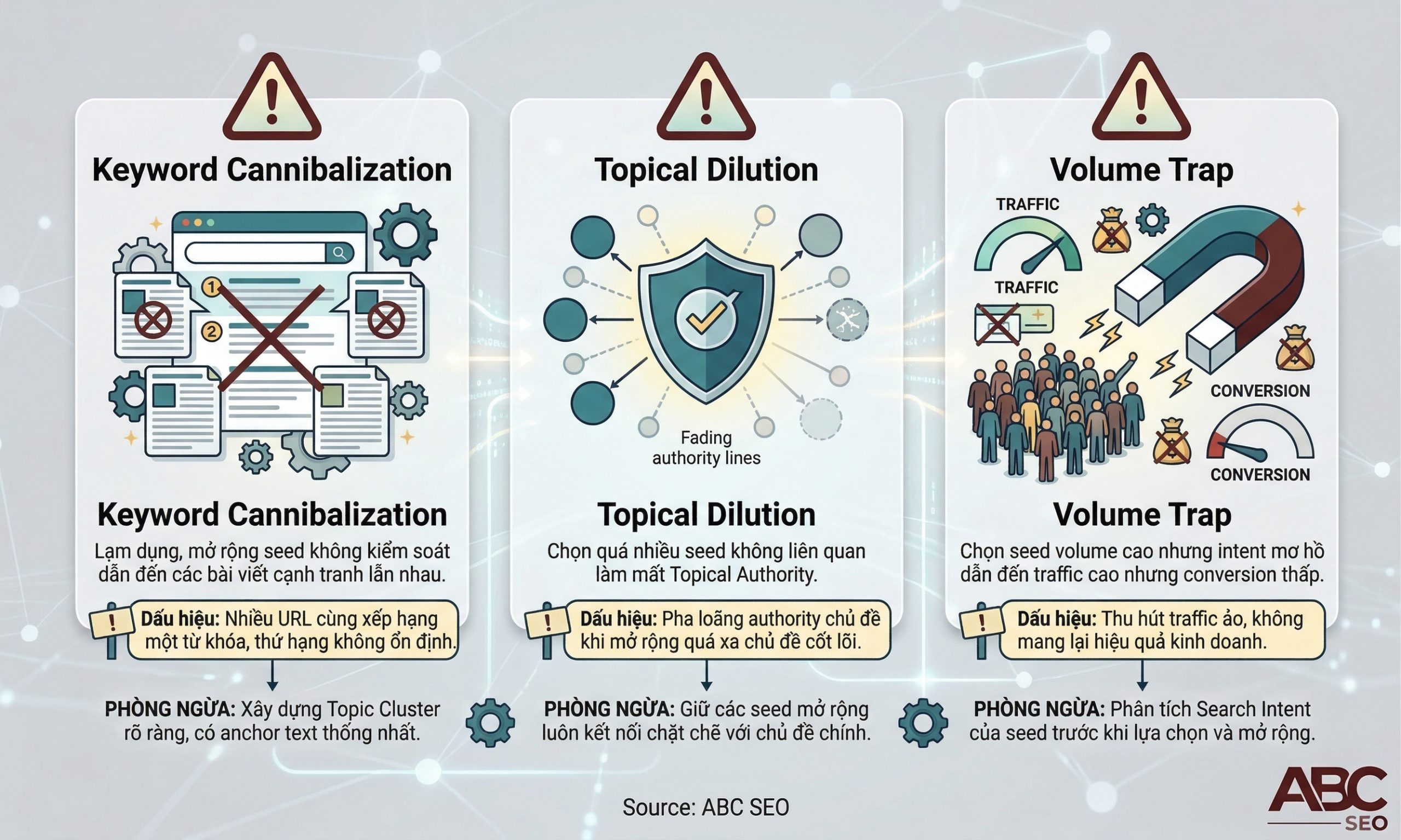 Sơ đồ cảnh báo ba rủi ro chính khi lạm dụng seed keyword gồm keyword cannibalization, topical dilution và phụ thuộc vào seed có volume cao nhưng intent không rõ