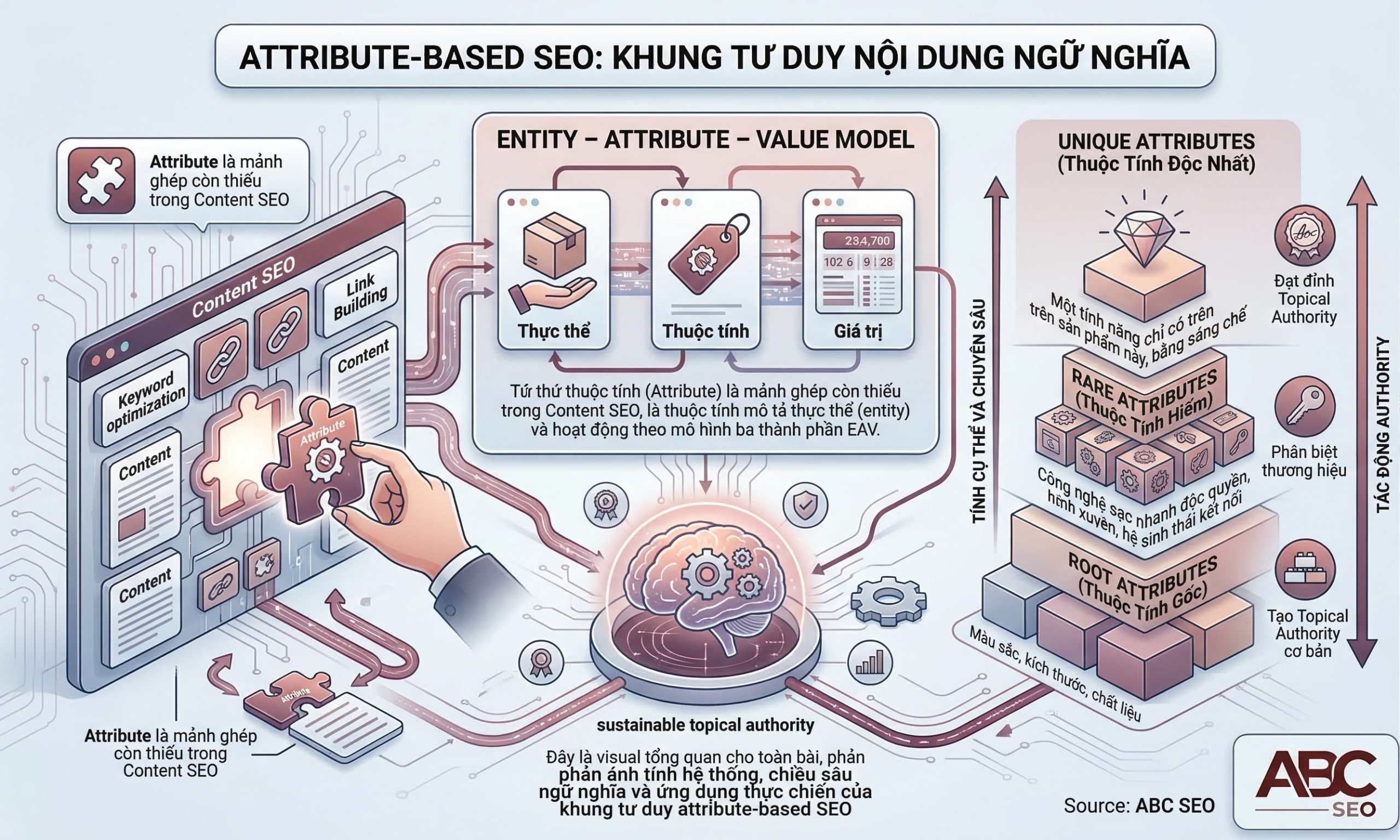 Infographic tổng quan về attribute trong Content SEO, mô hình EAV và phân loại Root, Rare, Unique attribute theo hướng dẫn của ABC SEO