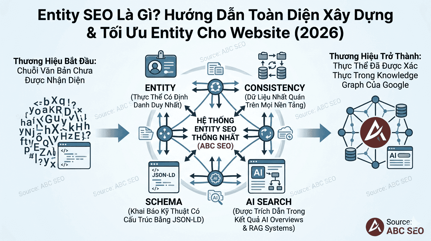 Infographic Entity SEO 2026 - hướng dẫn toàn diện xây dựng thực thể, kết nối Knowledge Graph và tối ưu nhận diện thương hiệu trên Google và AI Search
