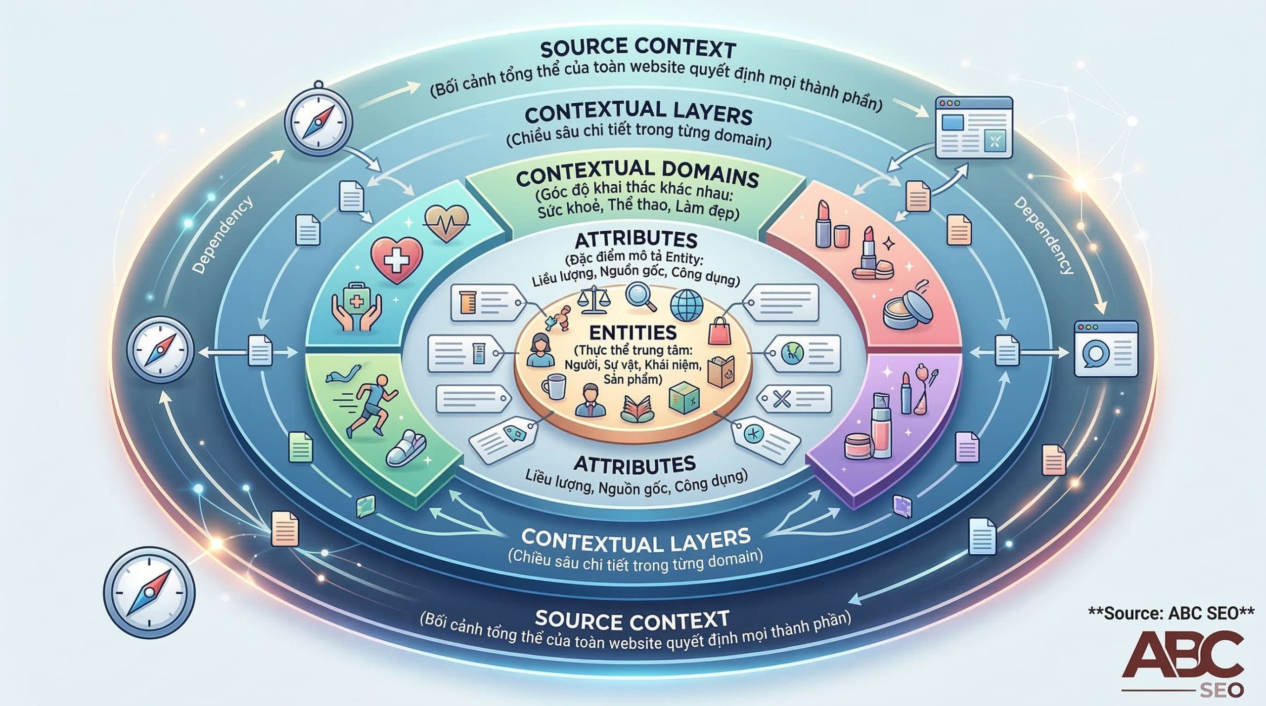 nfographic 5 lớp cấu tạo Semantic Content Network gồm Entities, Attributes, Contextual Domains, Contextual Layers và Source Context theo cấu trúc tăng dần từ đơn vị nhỏ đến tổng thể