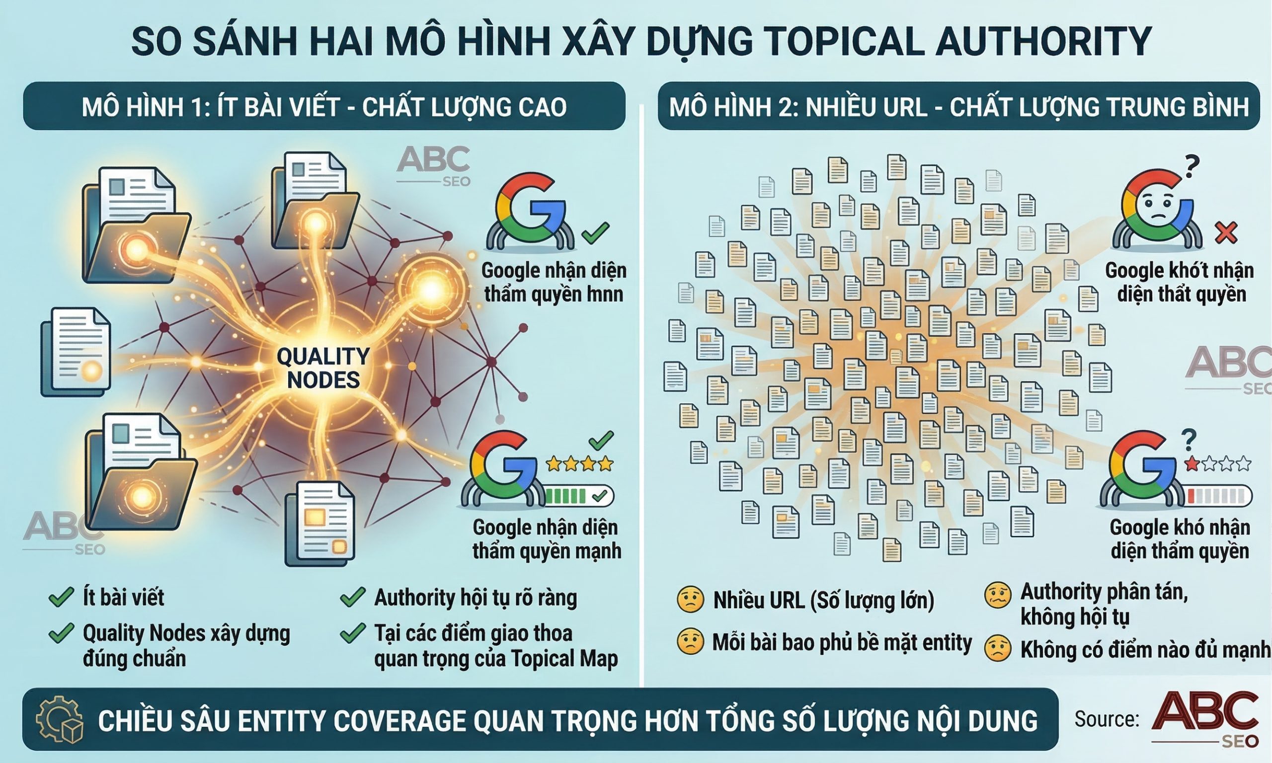  Infographic so sánh website có 50 bài viết với 3 Quality Node thực sự và website có 500 bài viết mỏng thiếu entity depth trong việc tích lũy Topical Authority