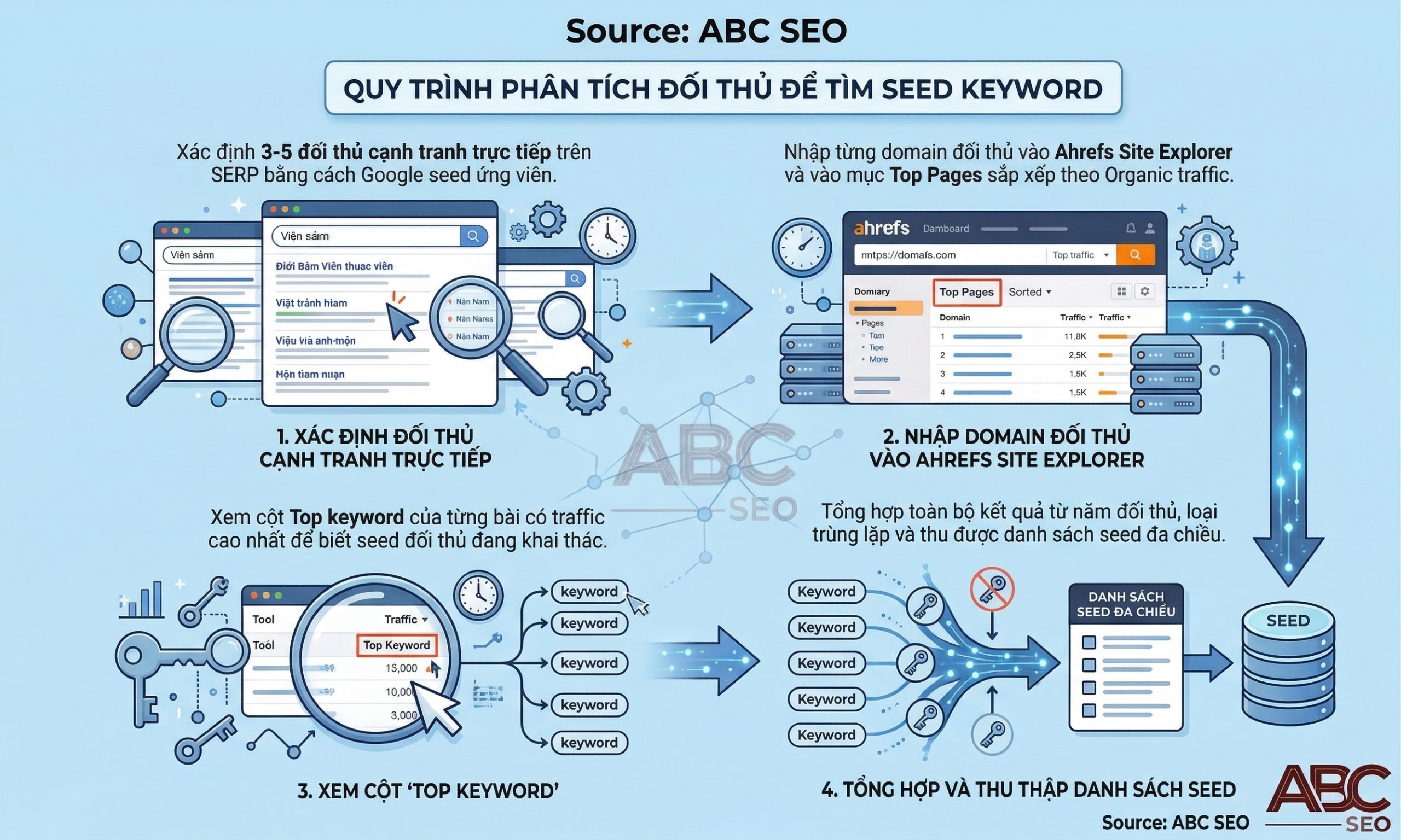 Sơ đồ quy trình phân tích đối thủ cạnh tranh bằng Ahrefs Site Explorer để khám phá seed keyword chưa được khai thác