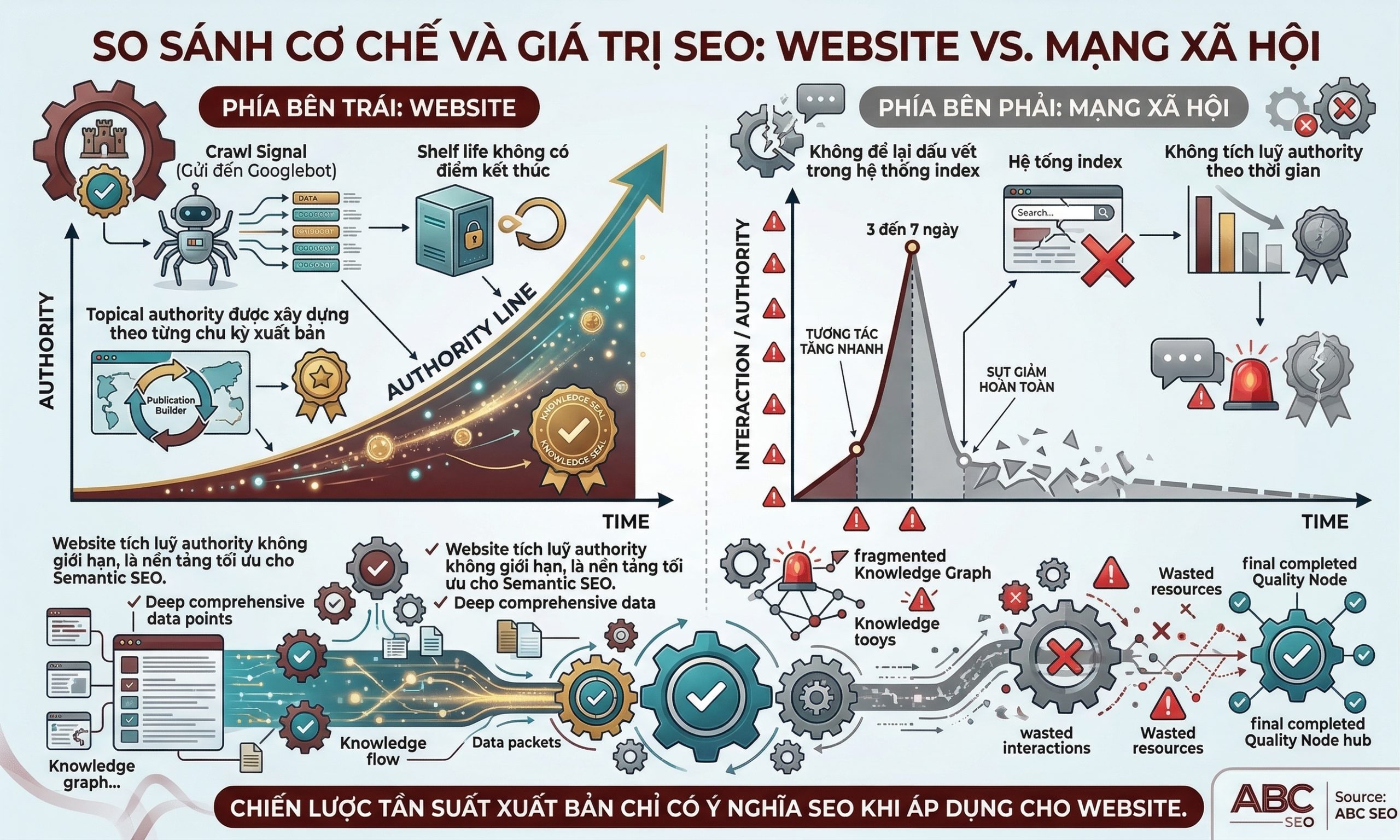 Tần Suất Xuất Bản Nội Dung Website: Bao Nhiêu Là Đủ Để SEO Hiệu Quả? 1 Diagram so sánh vòng đời nội dung và khả năng tích luỹ authority giữa website và mạng xã hội trong chiến lược SEO