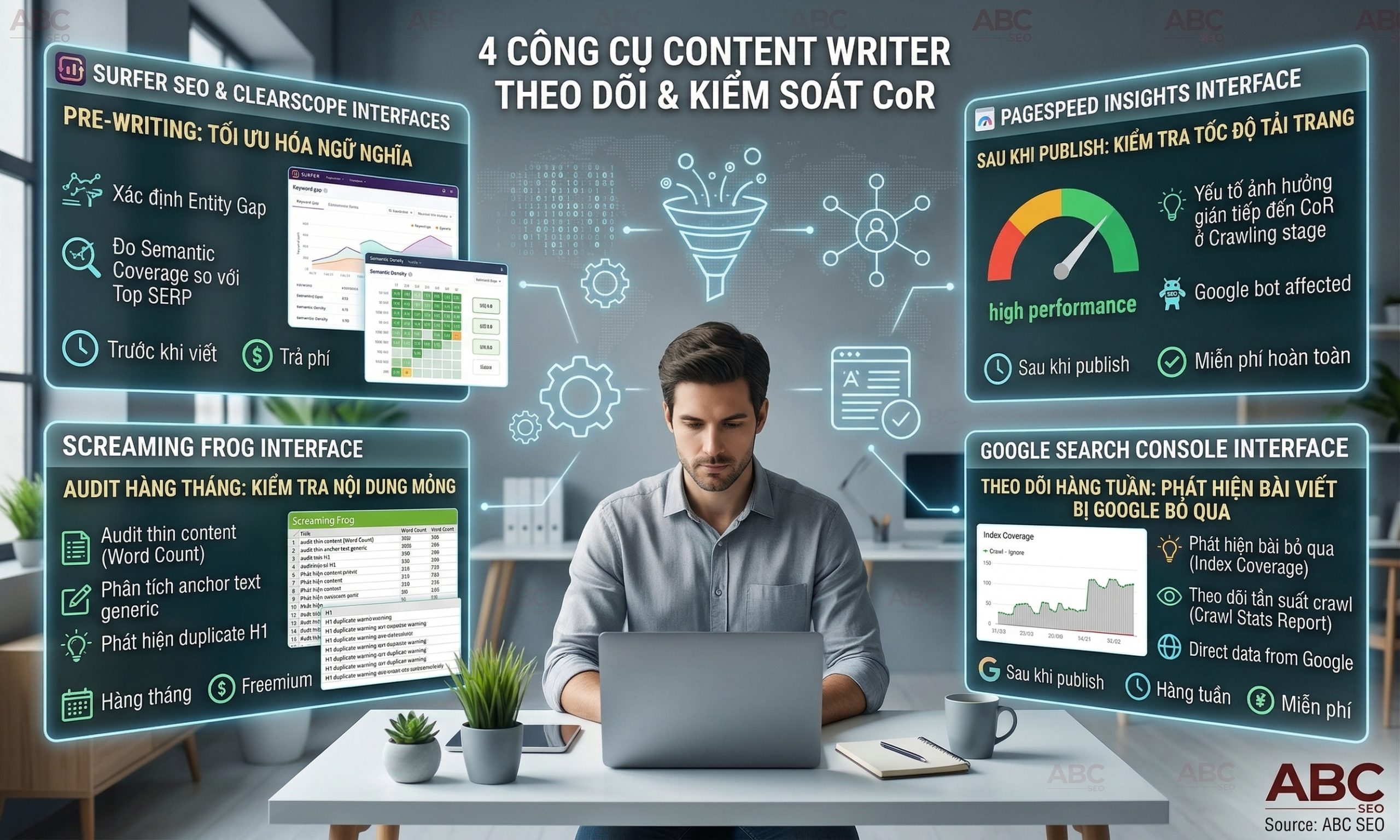 bốn công cụ đo lường Cost of Retrieval cho content writer: Google Search Console theo dõi crawl frequency, Screaming Frog audit thin content và anchor text, Surfer SEO đo semantic coverage, PageSpeed Insights kiểm tra tốc độ tải trang