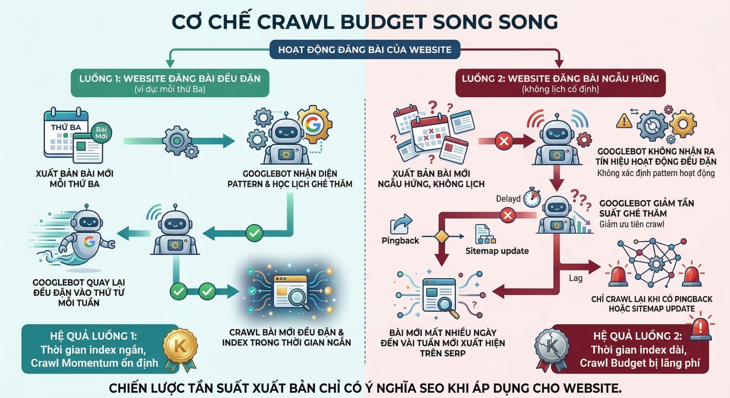 Tần Suất Xuất Bản Nội Dung Website: Bao Nhiêu Là Đủ Để SEO Hiệu Quả? 2 Flowchart cơ chế crawl budget: website xuất bản đều đặn giúp Googlebot học lịch ghé thăm và index nhanh hơn