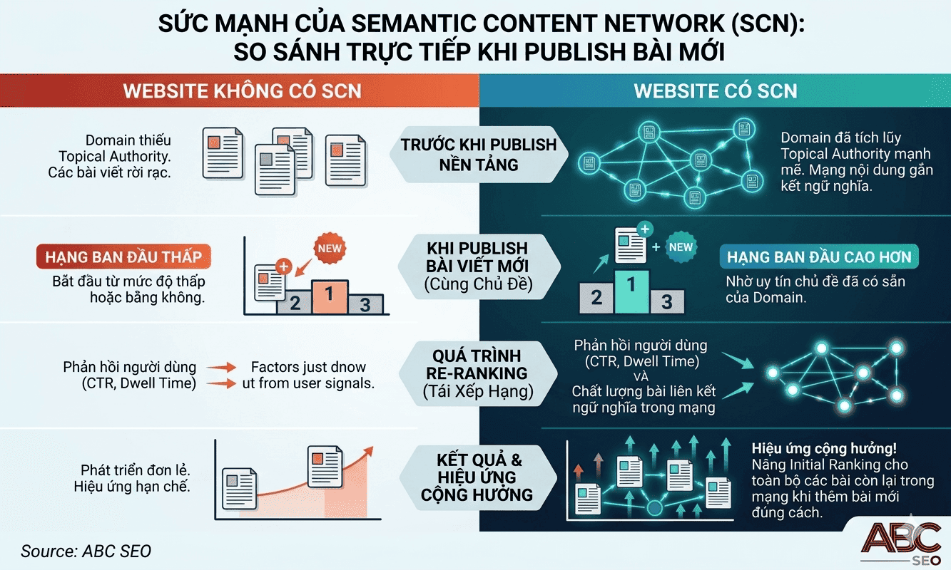 Sơ đồ so sánh Initial Ranking giữa website có SCN và website không có SCN, và cơ chế Re-ranking dựa trên hành vi người dùng và chất lượng hàng xóm ngữ nghĩa