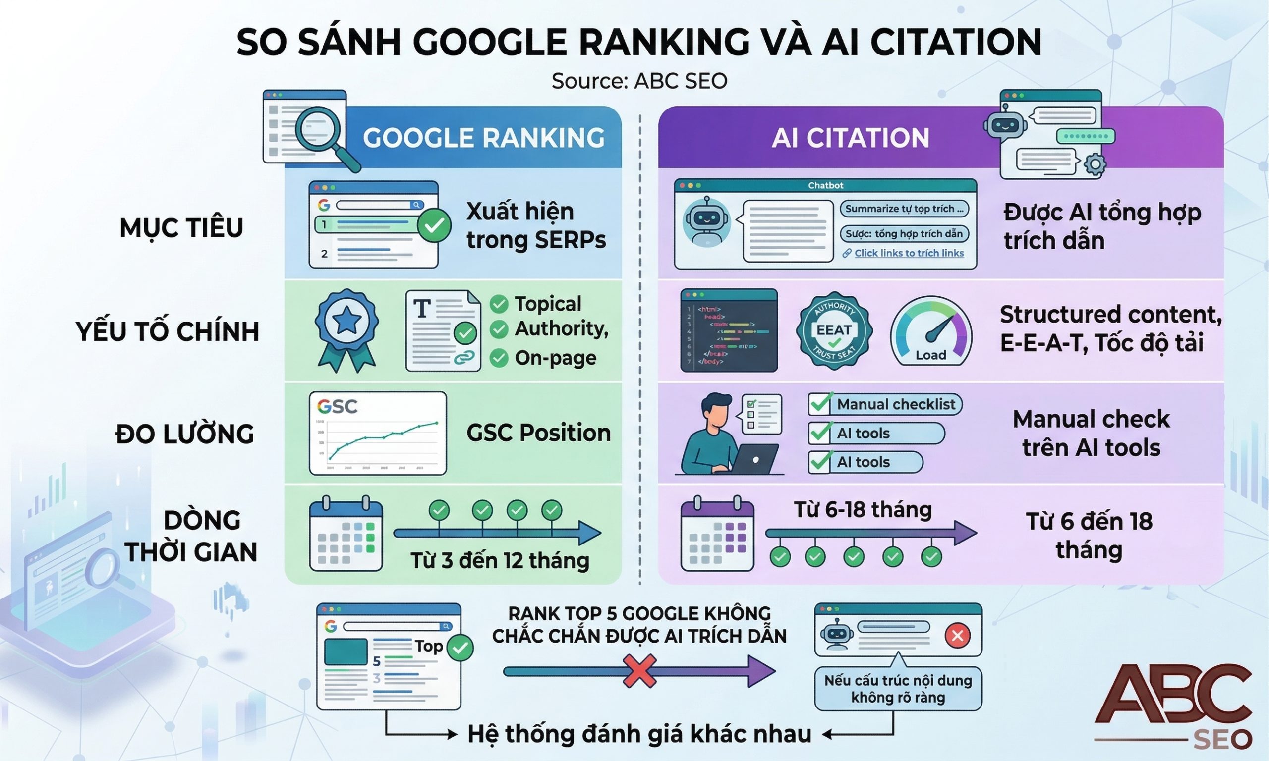 so sánh Google Ranking và AI Citation về mục tiêu, yếu tố chính, cách đo lường và timeline trong Semantic SEO
