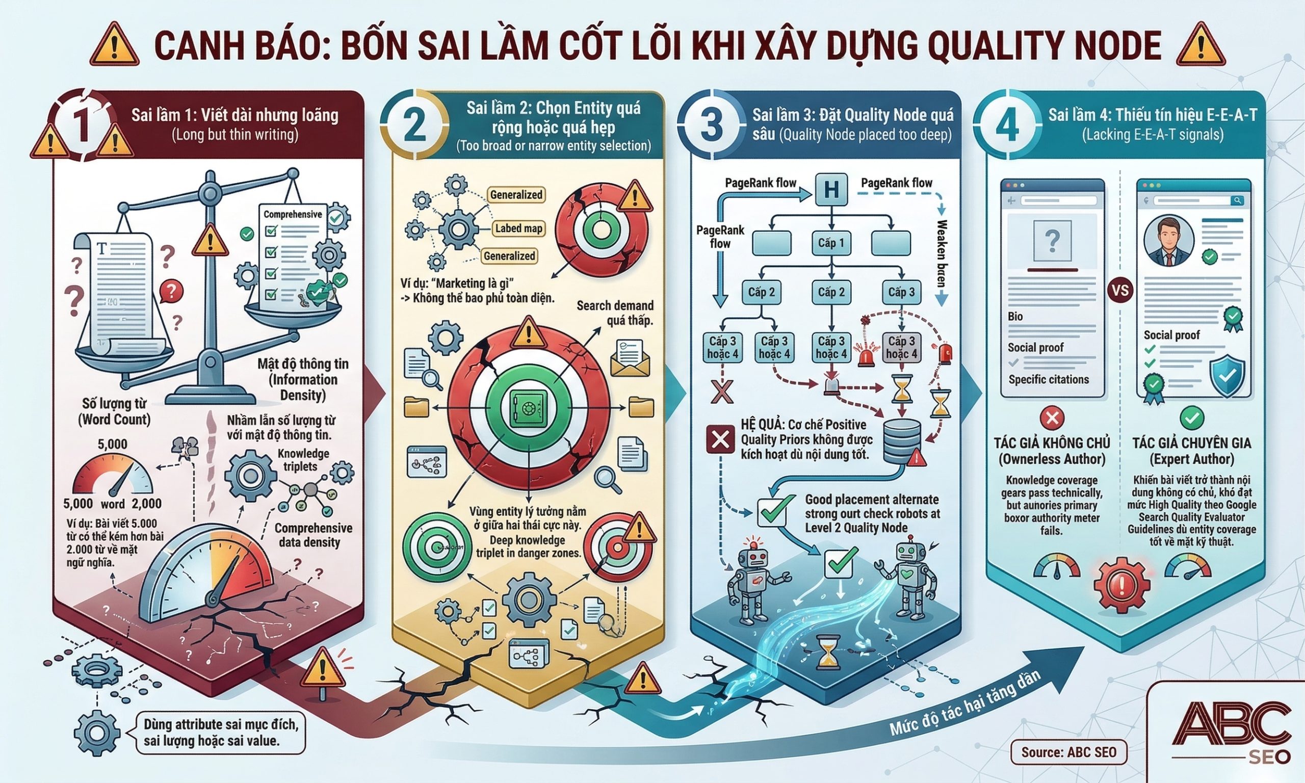 Infographic cảnh báo bốn sai lầm phổ biến khi xây dựng Quality Node bao gồm viết dài nhưng loãng, chọn entity sai phạm vi, đặt trang sâu trong navigation và thiếu E-E-A-T