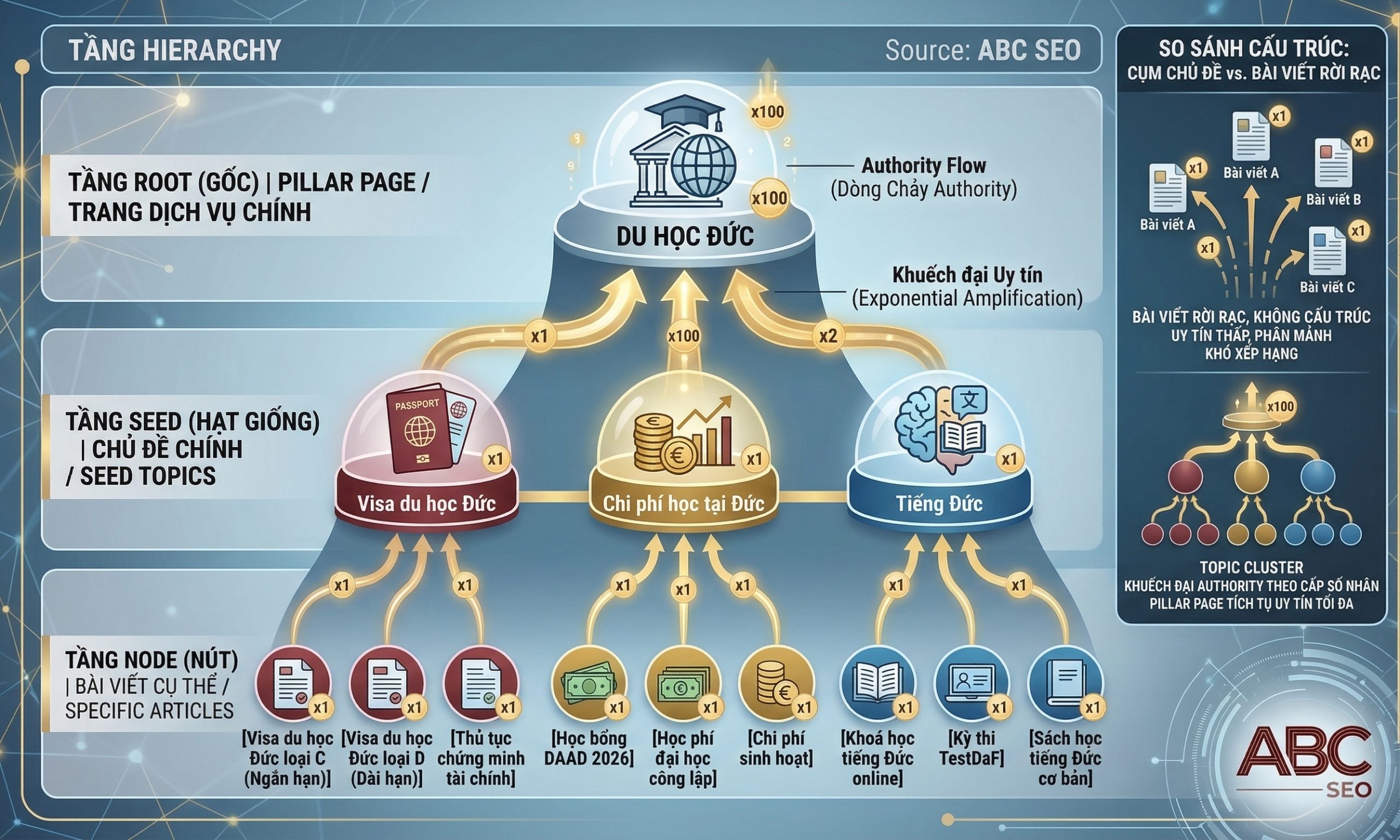cấu trúc Topic Cluster ba tầng Root Seed Node thể hiện luồng Authority chạy từ Node lên Seed và từ Seed lên Root