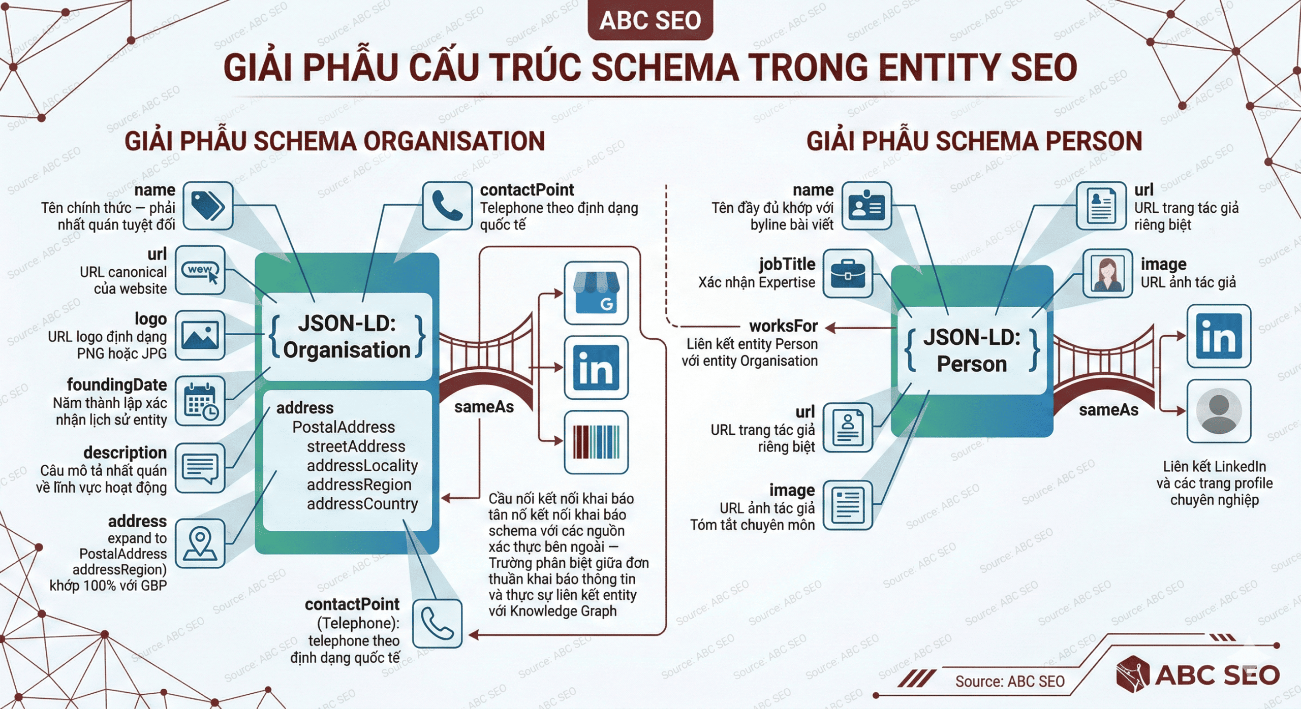 Anatomy diagram hai loại schema JSON-LD ưu tiên trong Entity SEO: schema Organisation với name, url, logo, address, sameAs và schema Person với jobTitle, worksFor, sameAs liên kết LinkedIn và Wikidata