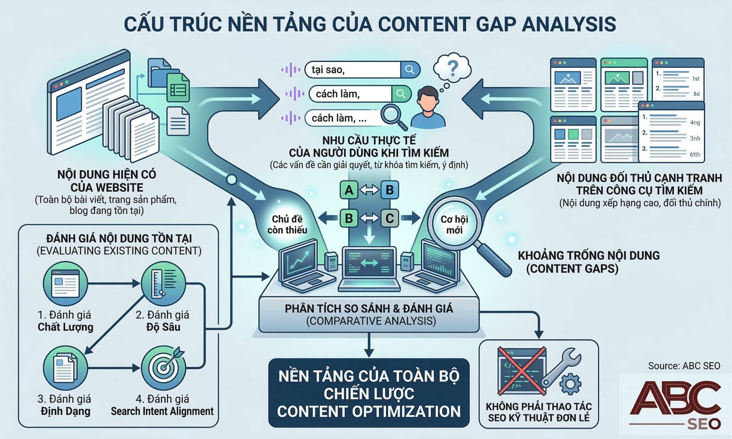 Sơ đồ định nghĩa Content Gap Analysis với ba thành phần: nội dung website, nhu cầu người dùng, và nội dung đối thủ