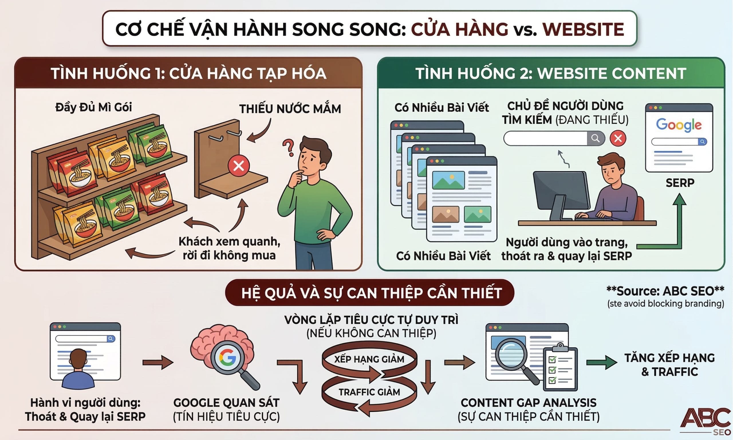 Minh họa phép so sánh website thiếu nội dung với cửa hàng thiếu hàng hóa và hành vi thoát trang của người dùng
