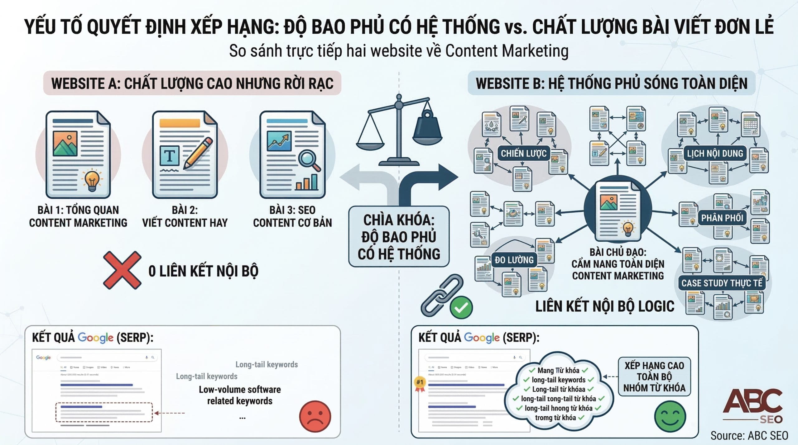 So sánh Topical Authority giữa Website A ít bài và Website B có hệ thống bài viết liên kết toàn diện