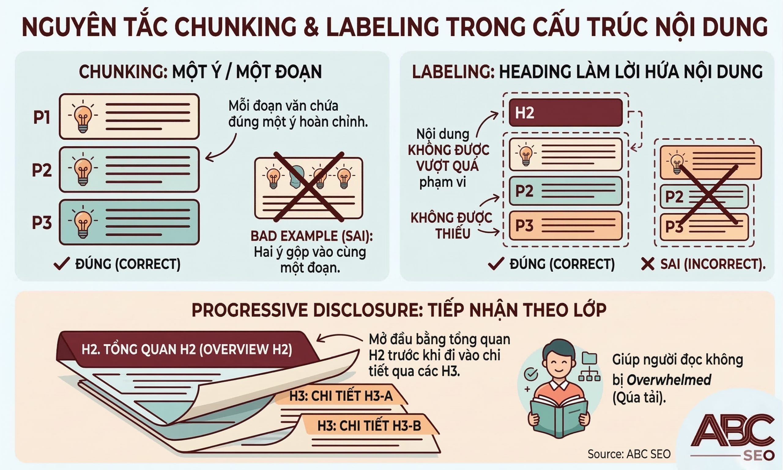 Minh hoạ nguyên tắc Chunking trong Information Architecture: một đoạn văn bằng một ý và mỗi heading là cam kết về phạm vi nội dung bên dưới