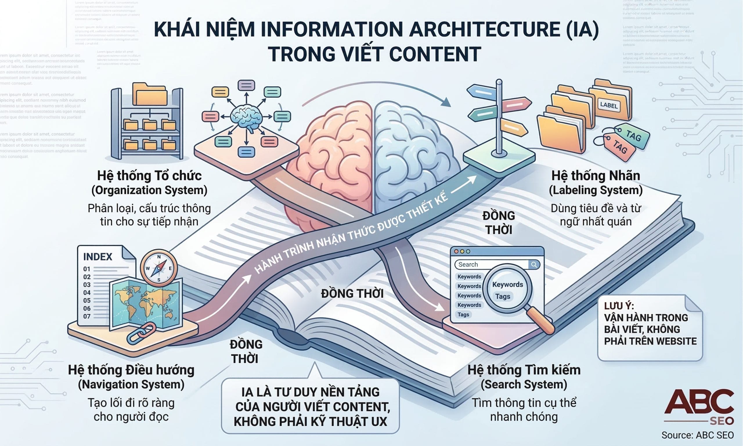 Infographic mô tả Information Architecture trong viết content với 4 hệ thống Organization, Labeling, Navigation và Search System