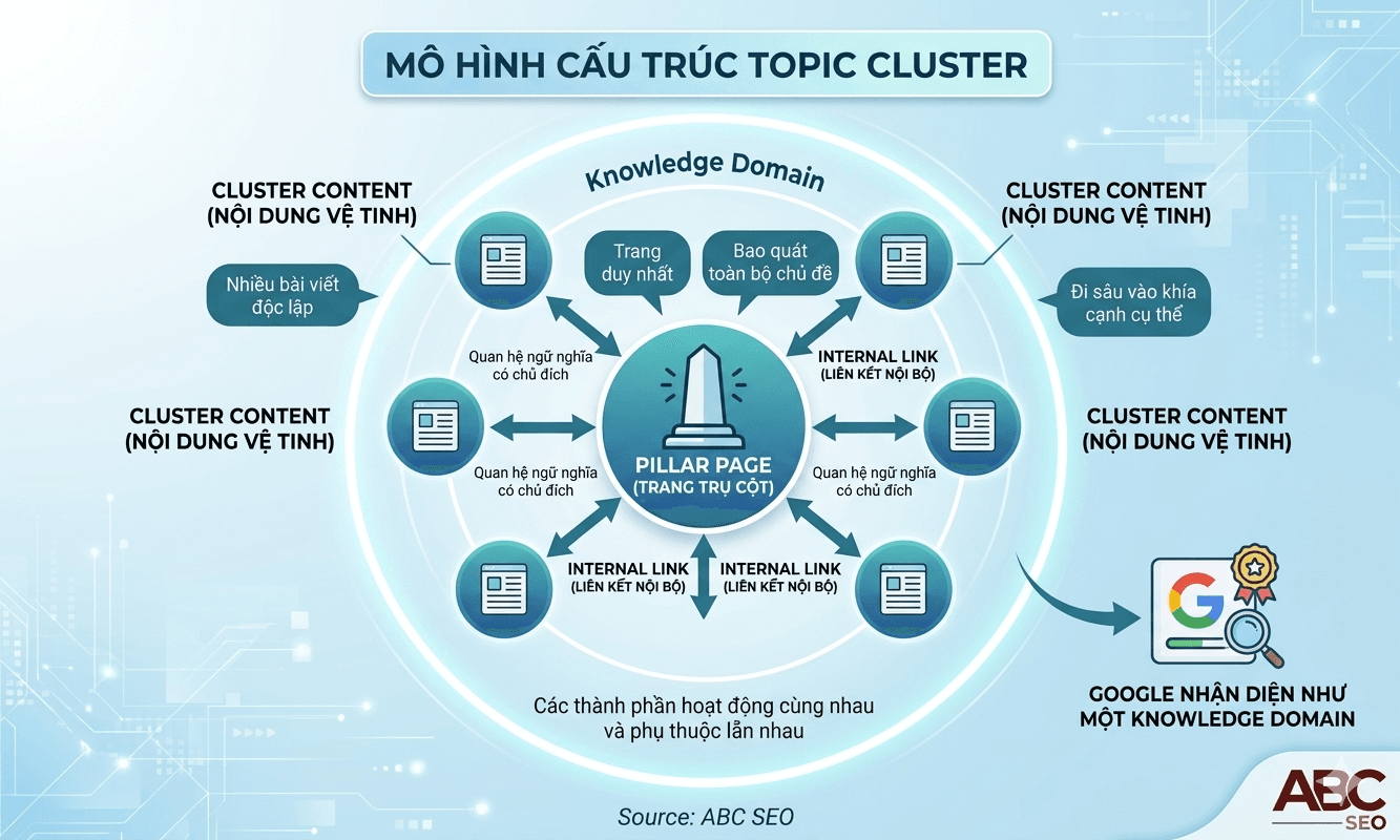 Sơ đồ ba thành phần cấu trúc Topic Cluster gồm Pillar Page là trang trung tâm, Cluster Content là các bài viết chuyên sâu theo từng subtopic, và Internal Link hai chiều kết nối toàn bộ cụm