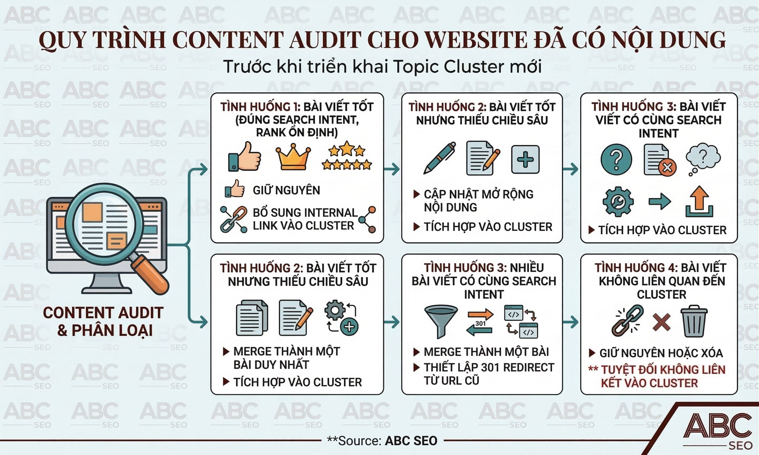 Sơ đồ quy trình content audit bốn bước xử lý bài viết hiện có trước khi tích hợp vào Topic Cluster mới gồm giữ nguyên, cập nhật mở rộng, merge với 301 redirect và loại khỏi cluster