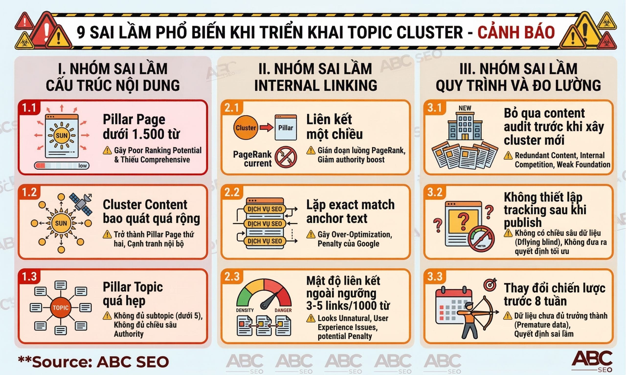 Infographic 9 sai lầm phổ biến khi triển khai Topic Cluster phân theo ba nhóm gồm sai lầm cấu trúc nội dung, sai lầm internal linking và sai lầm quy trình đo lường