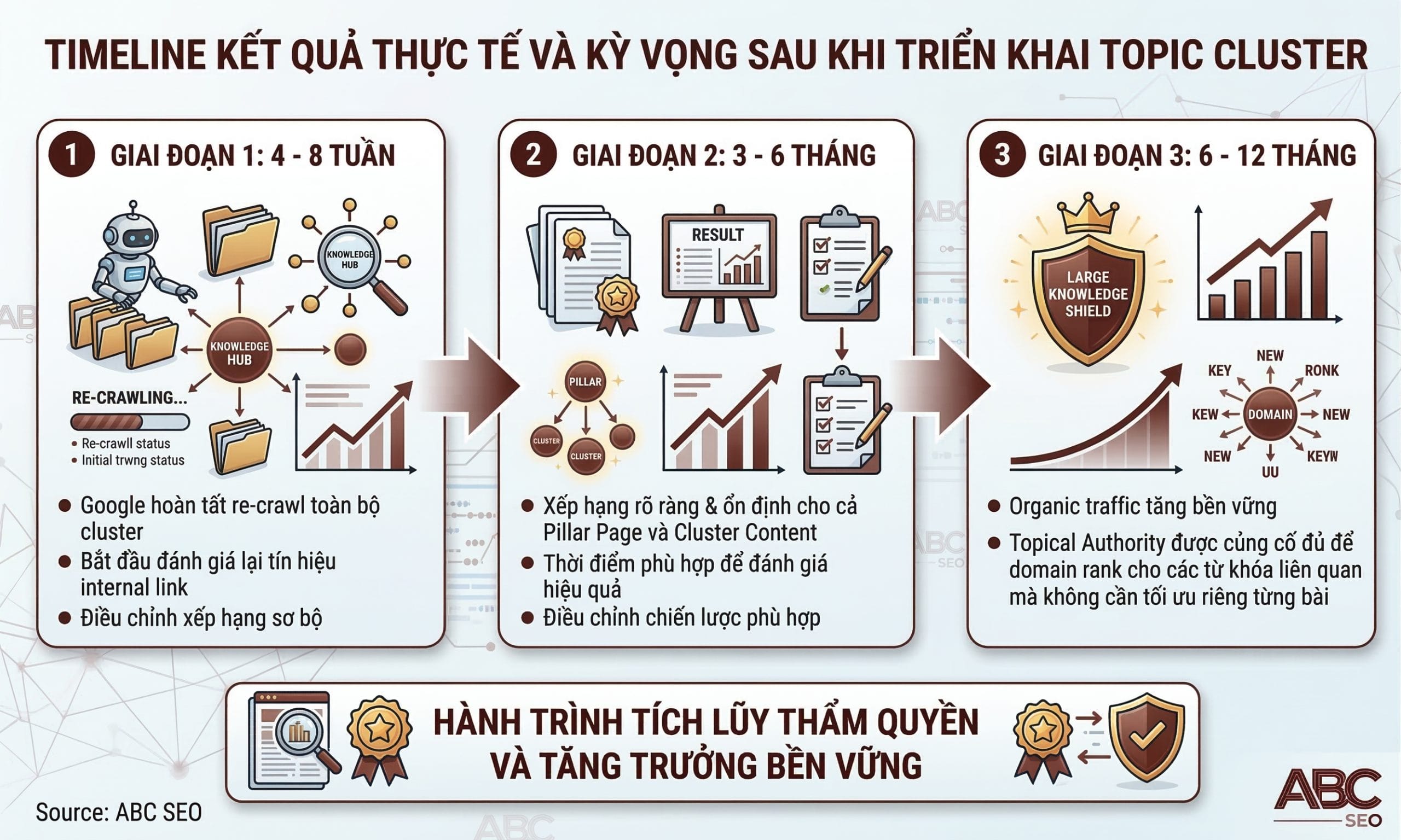 Sơ đồ timeline ba giai đoạn kết quả Topic Cluster từ 4 đến 8 tuần Google re-crawl, 3 đến 6 tháng ranking ổn định đến 6 đến 12 tháng Topical Authority được củng cố