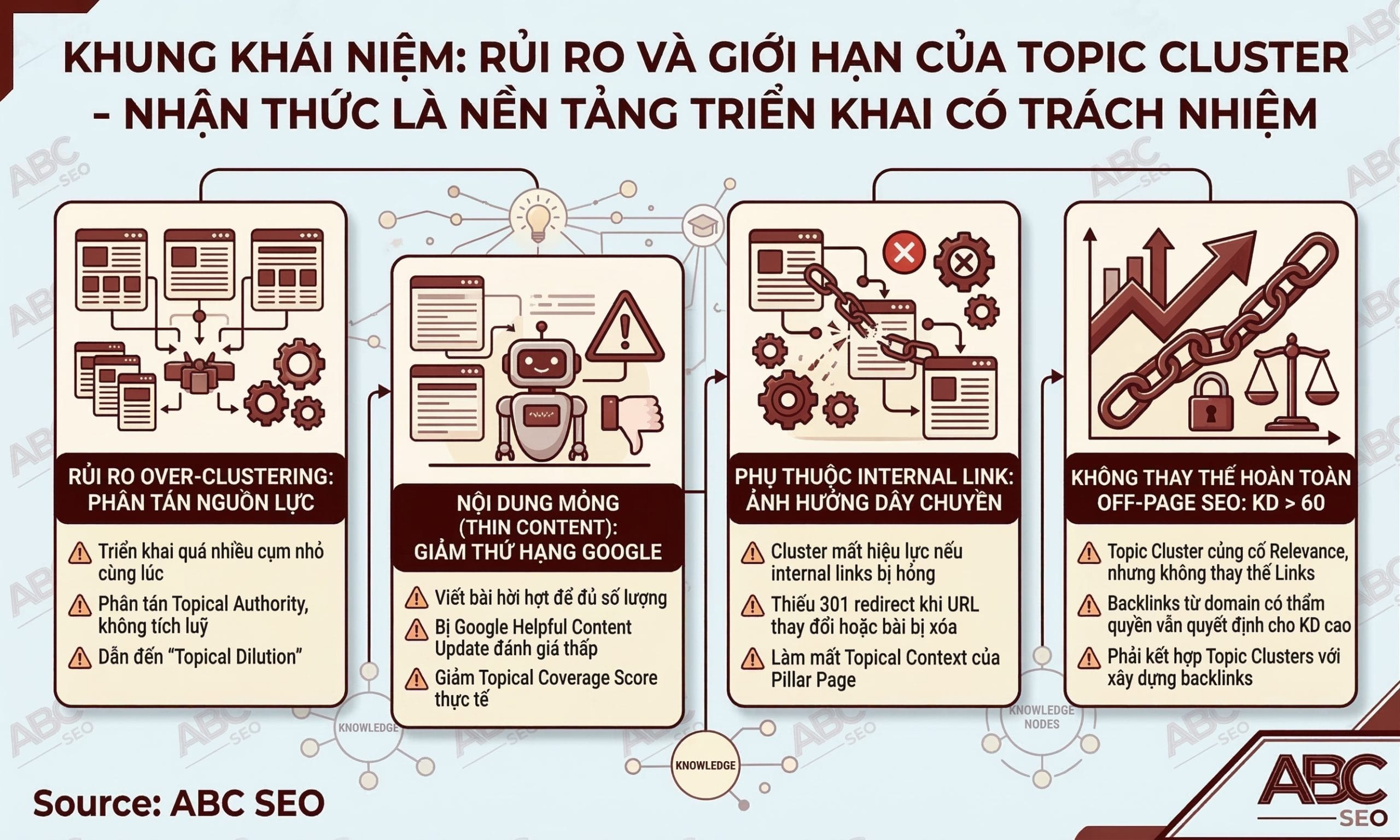 Infographic bốn rủi ro của mô hình Topic Cluster gồm over-clustering phân tán Topical Authority, nội dung mỏng bị Helpful Content Update xử lý, phụ thuộc cấu trúc internal link và giới hạn cạnh tranh với từ khóa KD trên 60