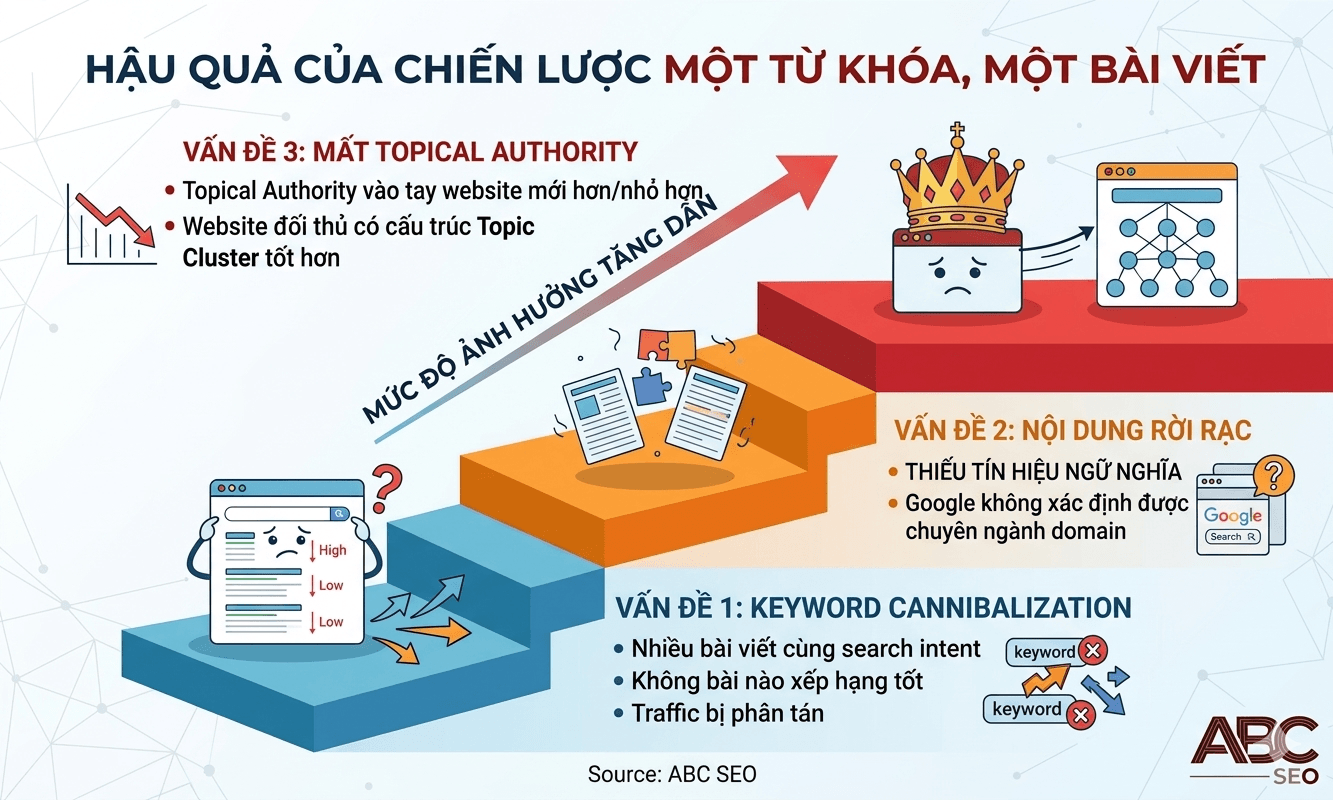 Infographic ba vấn đề của chiến lược nội dung theo từ khóa đơn lẻ gồm keyword cannibalization, nội dung rời rạc thiếu tín hiệu ngữ nghĩa và mất Topical Authority vào tay đối thủ