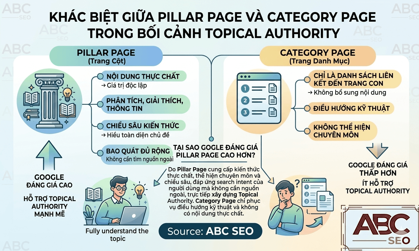 Sơ đồ so sánh Pillar Page và Category Page trong cấu trúc website, làm rõ Pillar Page chứa nội dung phân tích chuyên sâu còn Category Page chỉ là cấu trúc điều hướng kỹ thuật