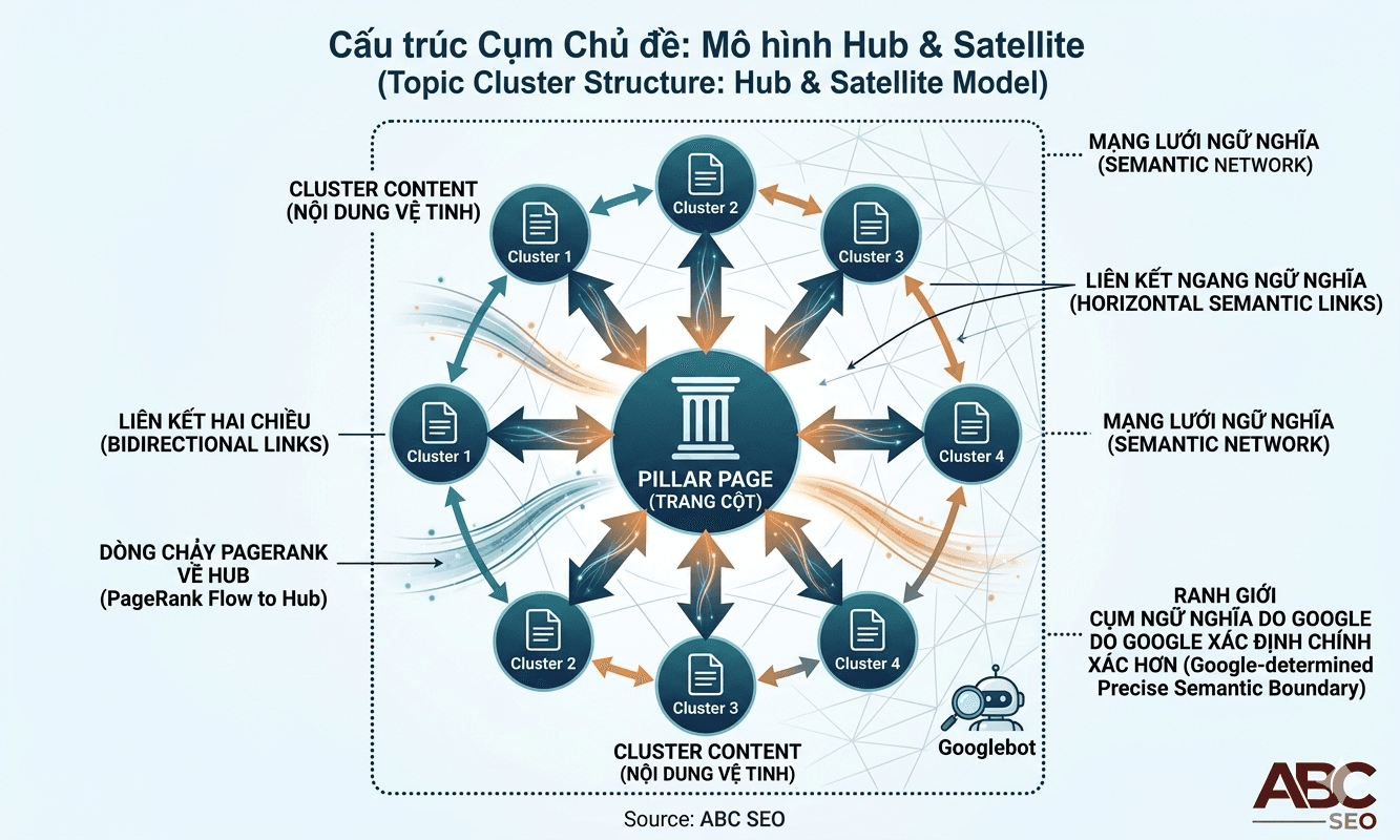 Sơ đồ mô hình Hub và Satellite trong Topic Cluster thể hiện Pillar Page là hub nhận liên kết từ tất cả Cluster Content satellite kèm liên kết ngang giữa các satellite có quan hệ ngữ nghĩa