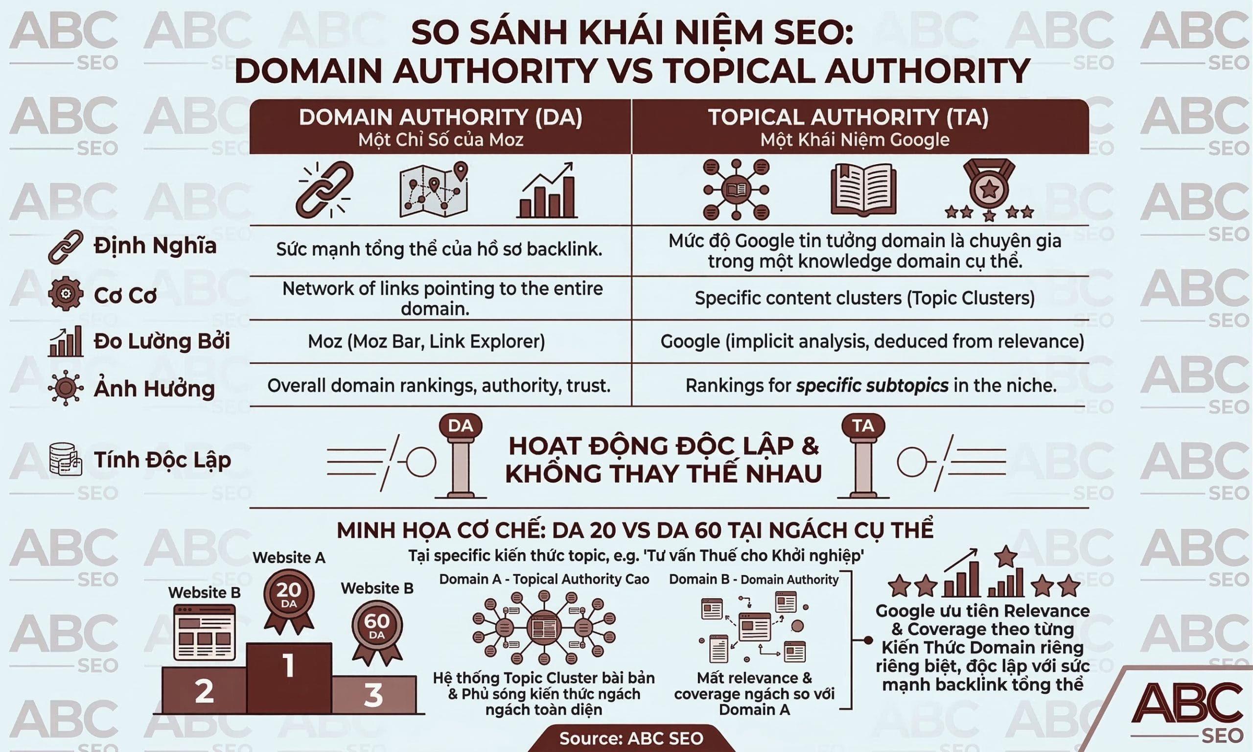 Infographic so sánh Domain Authority và Topical Authority làm rõ hai chỉ số này độc lập nhau và website có DA thấp nhưng Topic Cluster bài bản vẫn có thể outrank website có DA cao hơn