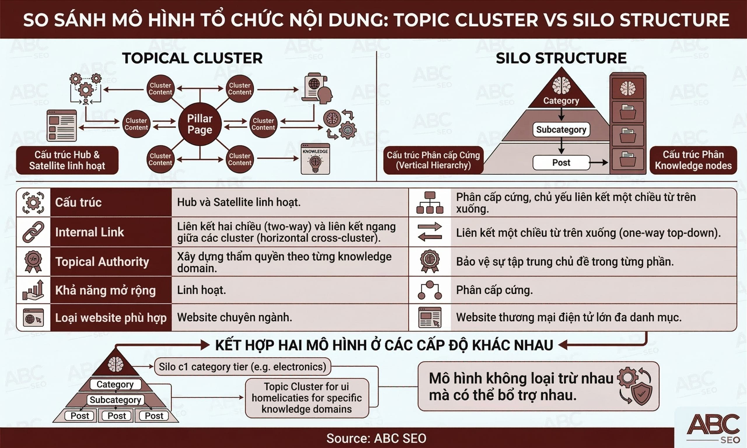 Sơ đồ so sánh Topic Cluster và Silo Structure theo các tiêu chí cấu trúc, internal link, topical authority, khả năng mở rộng và loại website phù hợp