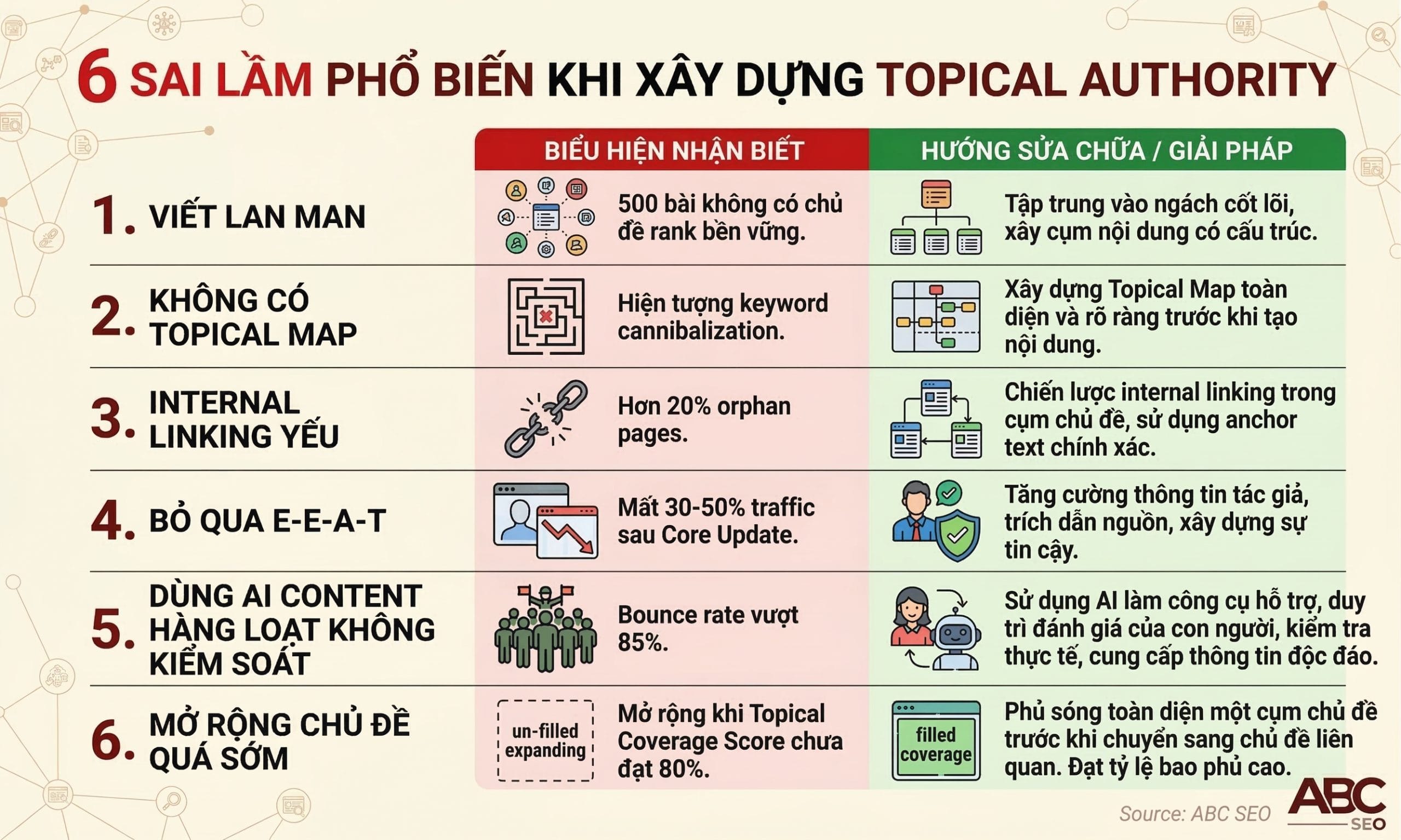 nfographic 6 sai lầm phổ biến khi xây dựng Topical Authority: viết lan man, không có Topical Map, internal linking yếu, bỏ qua E-E-A-T, AI content không kiểm soát và mở rộng chủ đề quá sớm