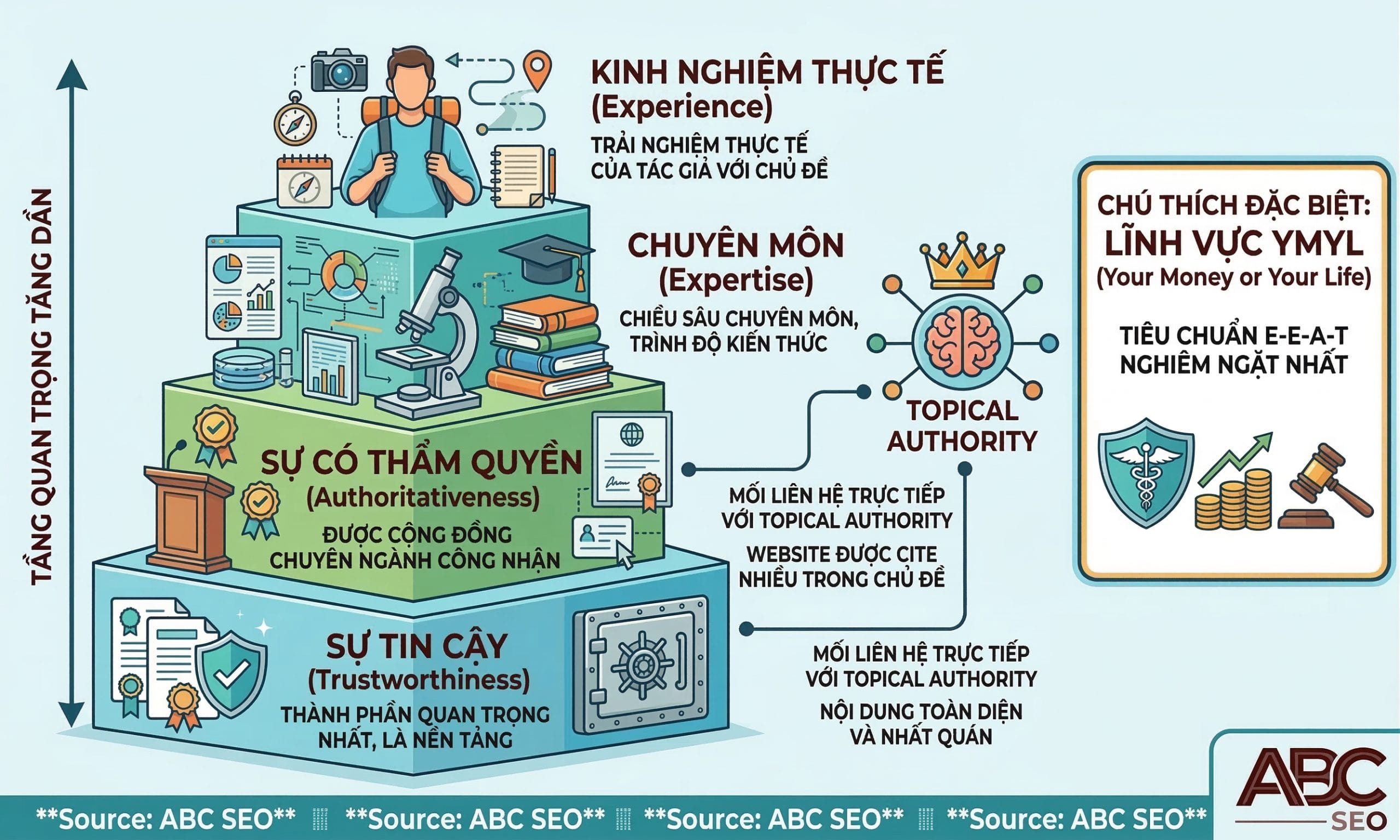Infographic E-E-A-T theo SQEG của Google: bốn thành phần Experience, Expertise, Authoritativeness và Trustworthiness và mối liên hệ với Topical Authority
