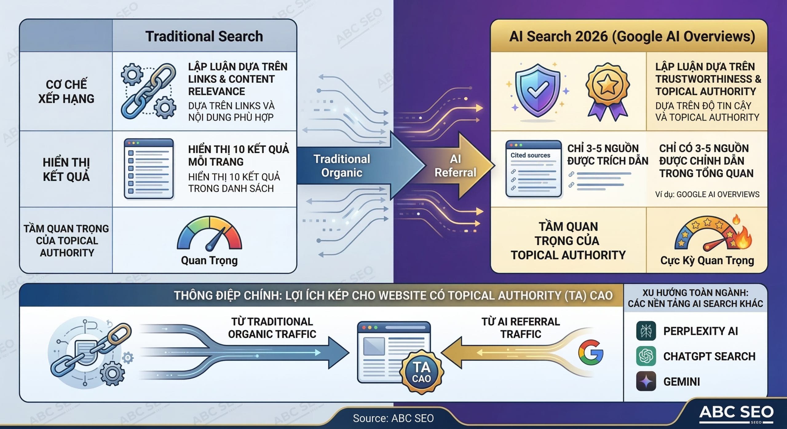  Bảng so sánh Traditional Search và AI Search 2026: cơ chế xếp hạng dựa trên links và content relevance so với trustworthiness và Topical Authority, 10 kết quả truyền thống so với 3-5 nguồn được AI cite